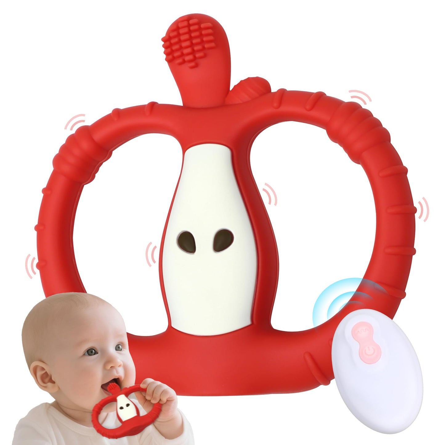 Vibrating Teether for Baby with Remote Control - Chewy Sensory Toy for Teething & Autism, 10-Speed Vibration Modes, USB Rechargeable, Food Grade Silicone Teether for Sensory Seekers (Red)