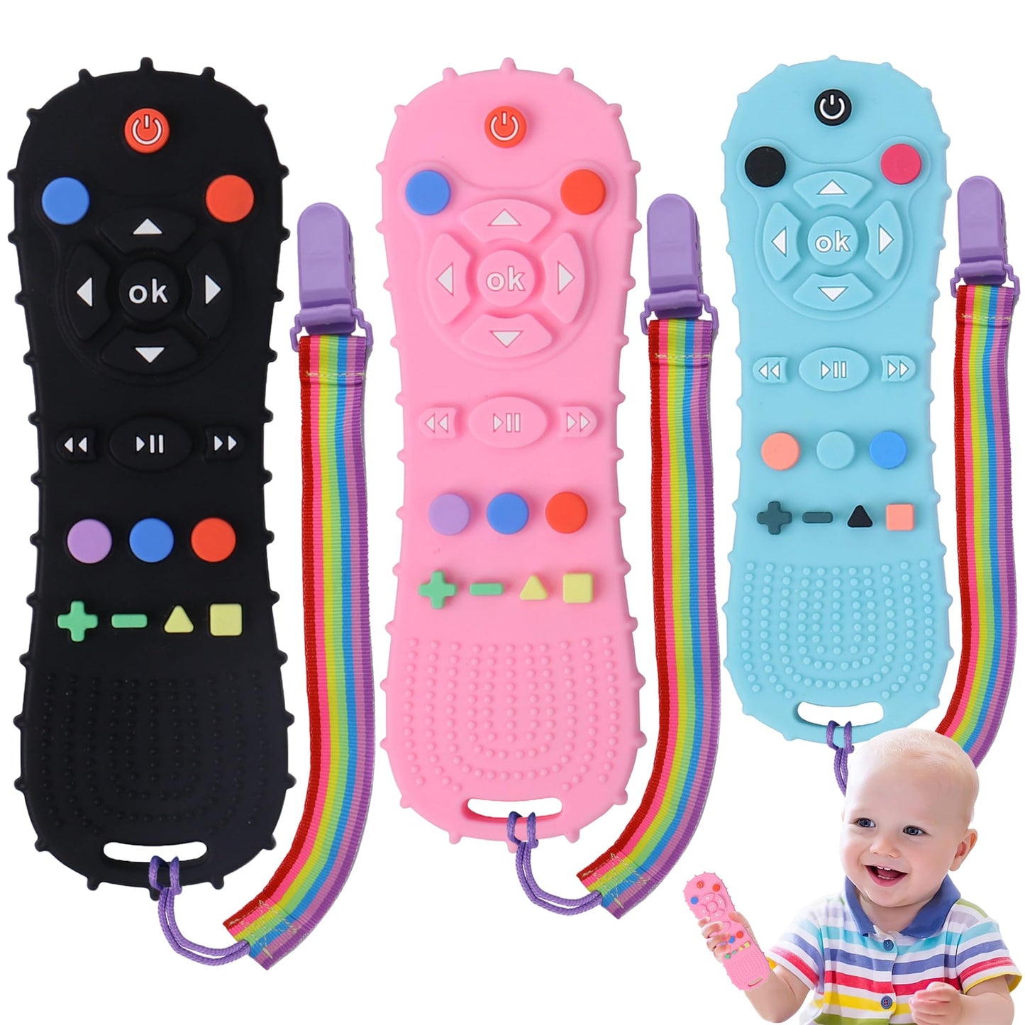 BEBECAN 3 Pack Silicone Baby Remote Teether Chew Toy for Infant TV Teething Remote Control Shape Play Remotes for Babies 3-24 Months (Black+Blue+Pink)