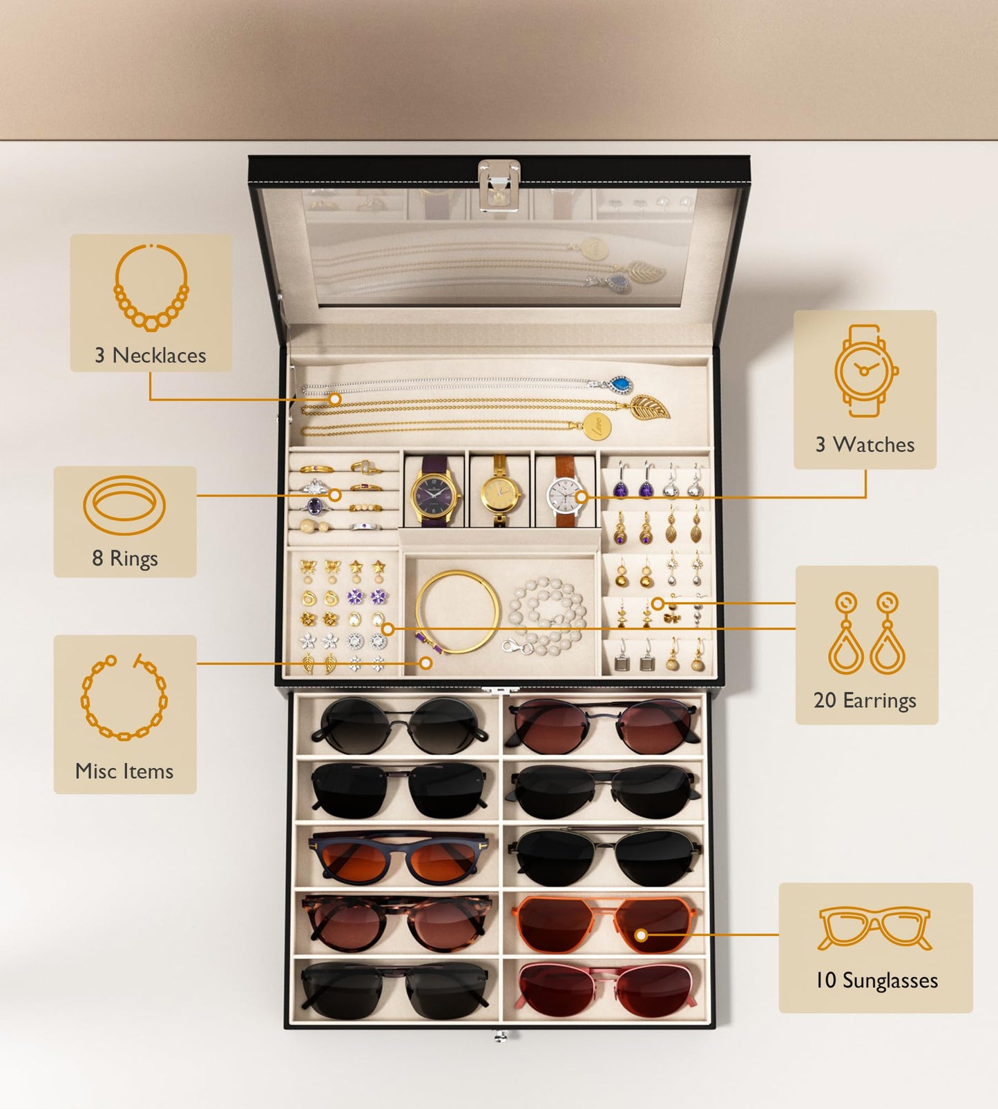 NEWLOOP Jewelry Sunglasses Organizer for Women – 2 Layer Storage Box with 10 Eyeglass Slots 3 Watch Holders Necklace and Earring Compartments Velvet Lined Jewelry Box Eyeglass Box Watch Box Display