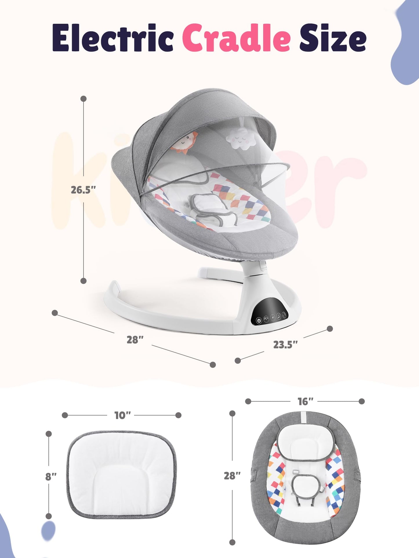 FDTQP Baby Swing for Infants - Electric Portable Bluetooth Baby Rocker with 5 Speeds, 5-Point Harness, Remote Control, Timing & Music Speaker Max 20 Lbs (Gray)