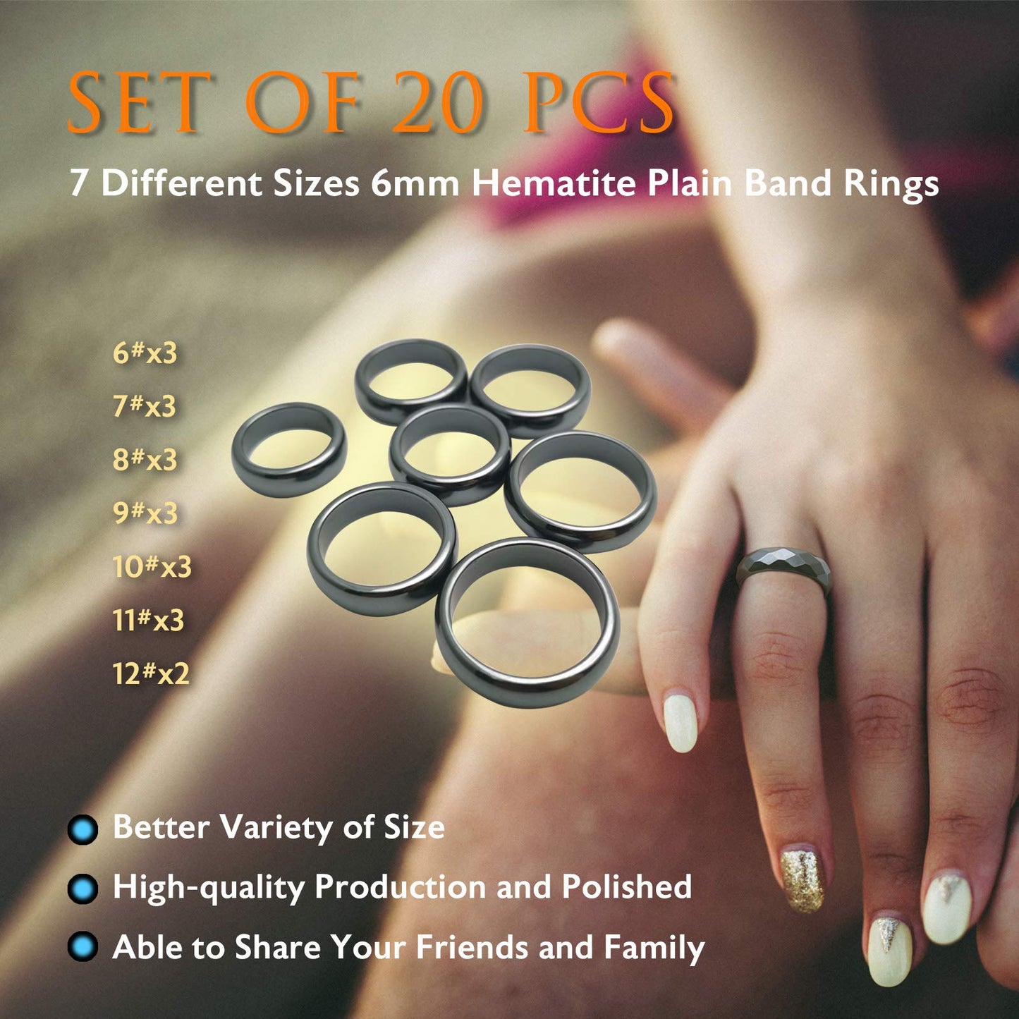 Morchic 20Pcs Pack Hematite Stone Rings for Women & Men, Unisex Plain Band Set (6mm Width) - Mixed Sizes 6-12, Chakra Balancing, Polished Gemstone, Gift Ready