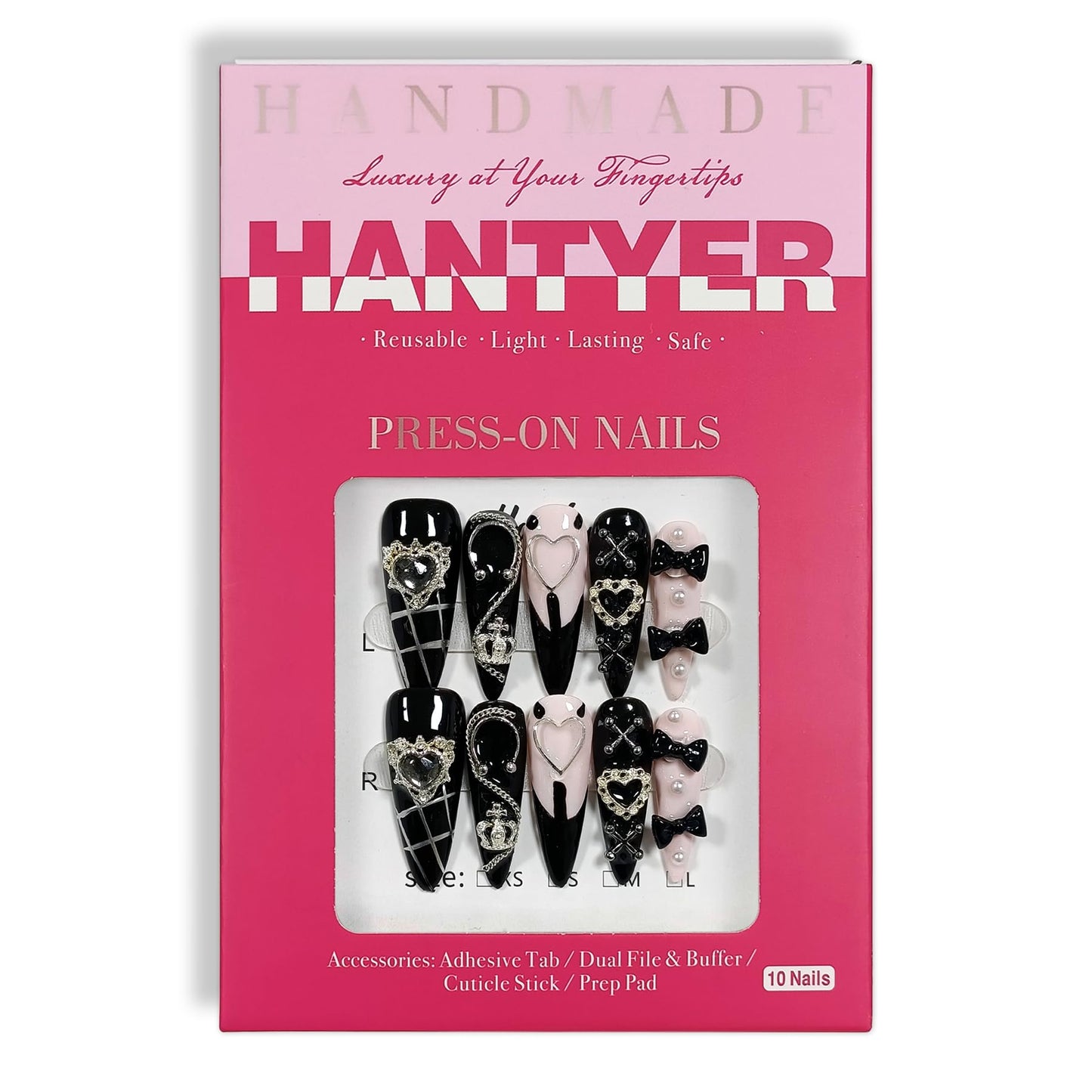 Hantyer Gothic Y2K Press on Nails, Long Stiletto Glossy Black & White Nails, Silver Gothic Charms, Black Rhinestones & 3D Hand-Painted Art, Salon Nails Edgy Style for Nightlife & Concerts (Size M)