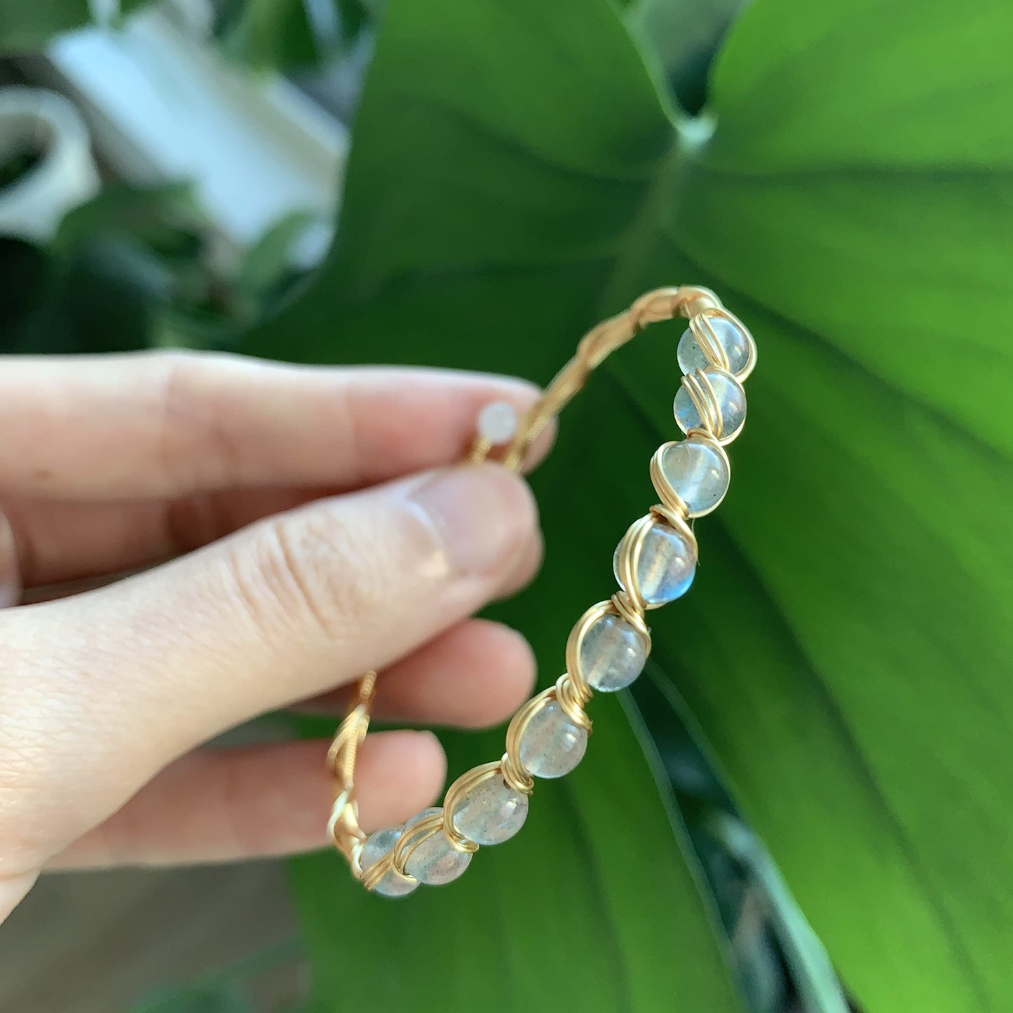 PSEEHEE Handmade Genuine White Labradorite Rainbow Moonstone 14k Gold Filled Wire Wrapped Bracelet, Adjustable Size Crystal Beads Birthstone Gemstone Bohemian Jewelry Women