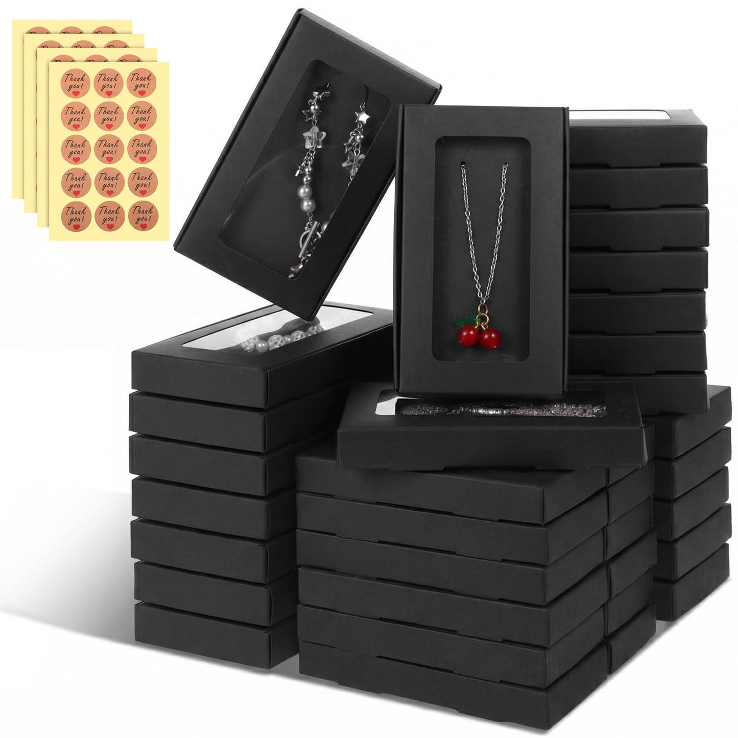 Tobeelec 50 Pcs Jewelry Packaging Boxes with Stickers - 5.4"x3.4"x0.7", Paper Necklace Gift Box Bulk with Clear Window Display Card Sticker for Displaying Necklaces Rings Bracelets Earrings (Black)