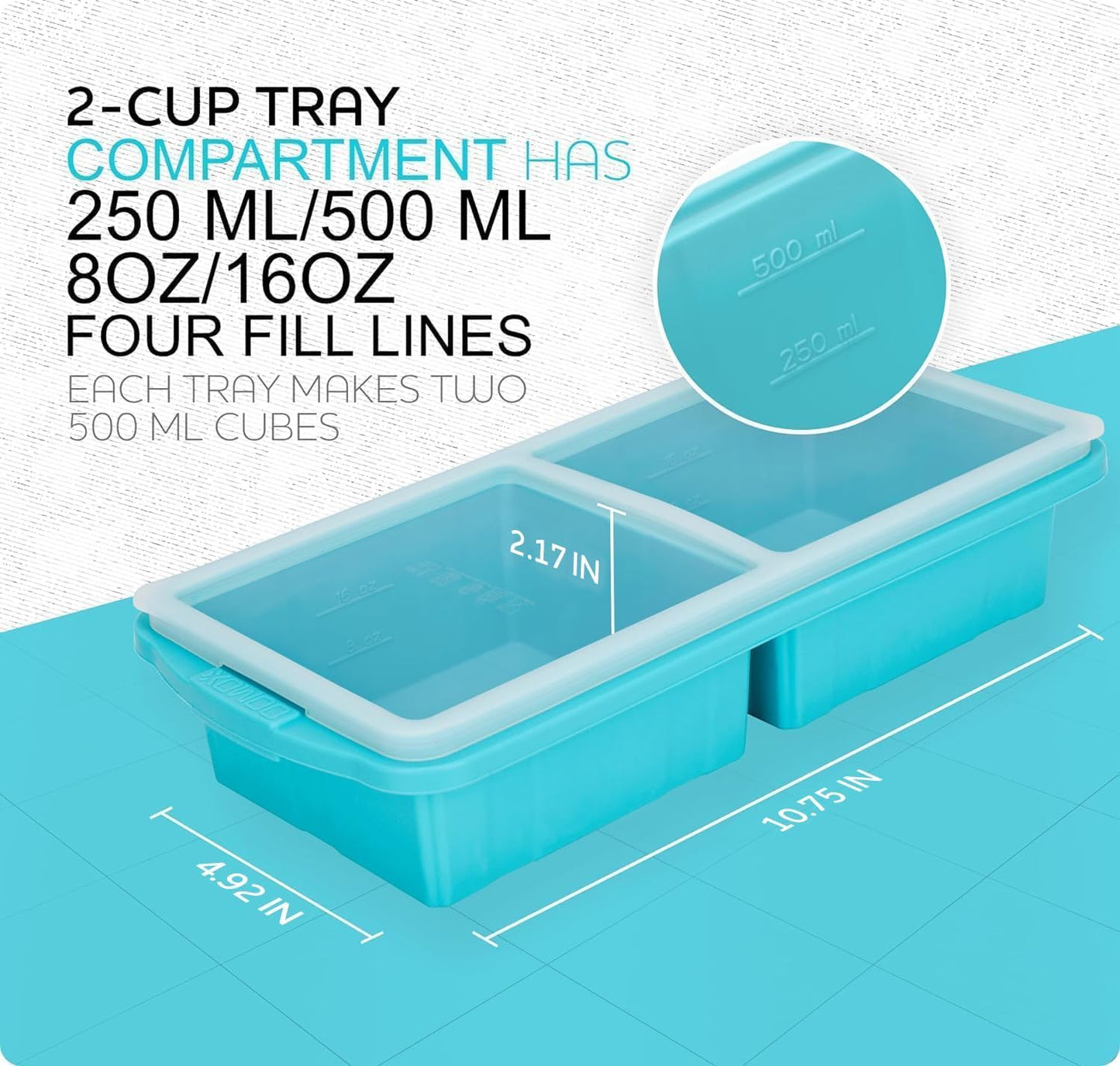 Silicone Freezer Tray With Lid - Soup Freezer Container Molds Set Makes 2-Cup & 1-Cup 1/2-cup Portions Cubes Perfect for preparing meals in different Portion Sizes Oven & Dishwasher-Safe