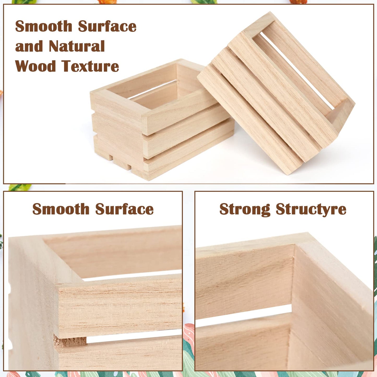 4 Pack Mini Rustic Wooden Crates, Decorative Wood Crates Unfinished Wood Box, Crate Box Wooden Storage Box for Kitchen, Office, Bedroom, Closet, Rustic Country Decor