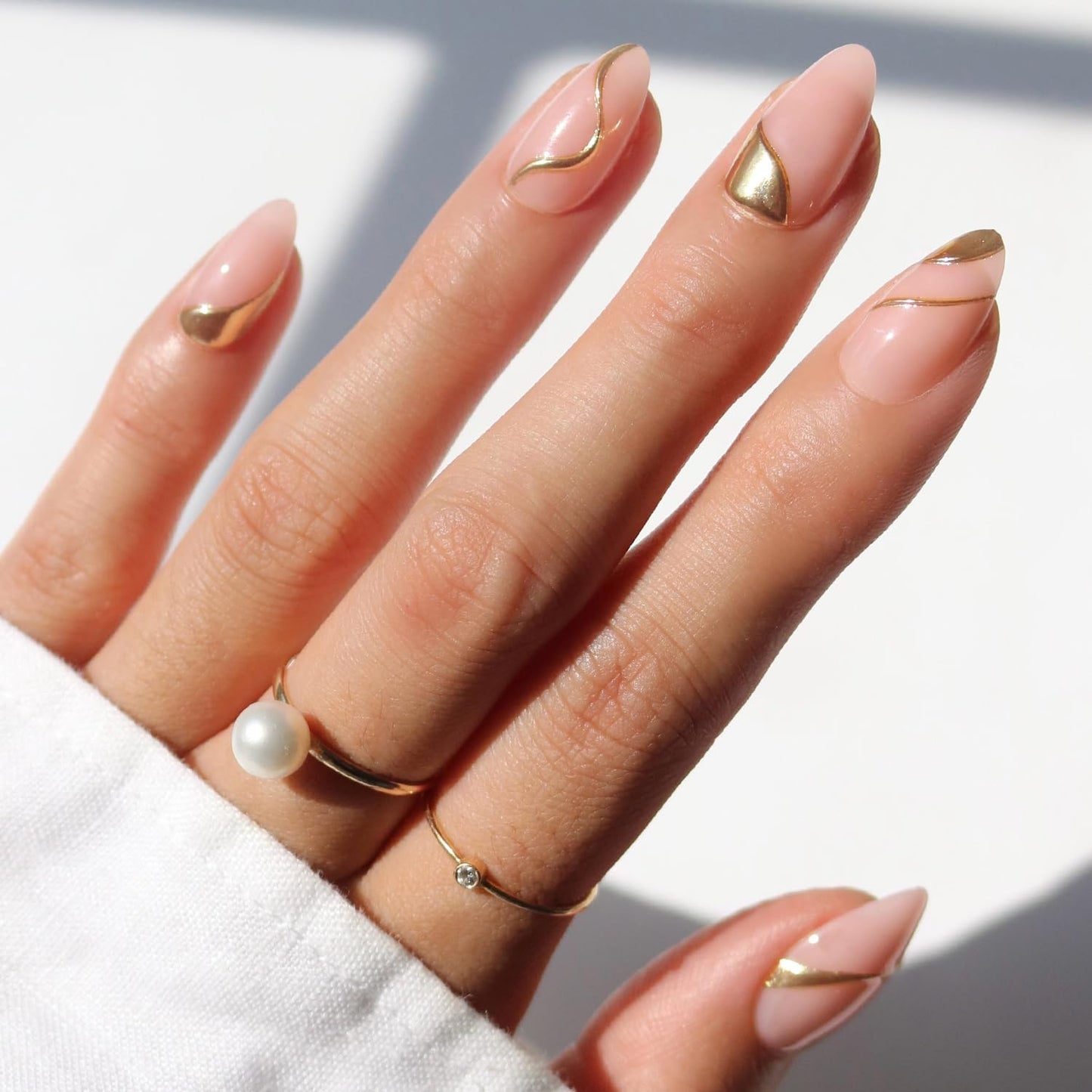 Glamnetic x GLAMZILLA Press On Nails - I AM A RICH MAN? | Short Almond Nude Fake Nails with Gold Foil, Salon Quality | 15 Sizes - 30 Nail Kit with Glue