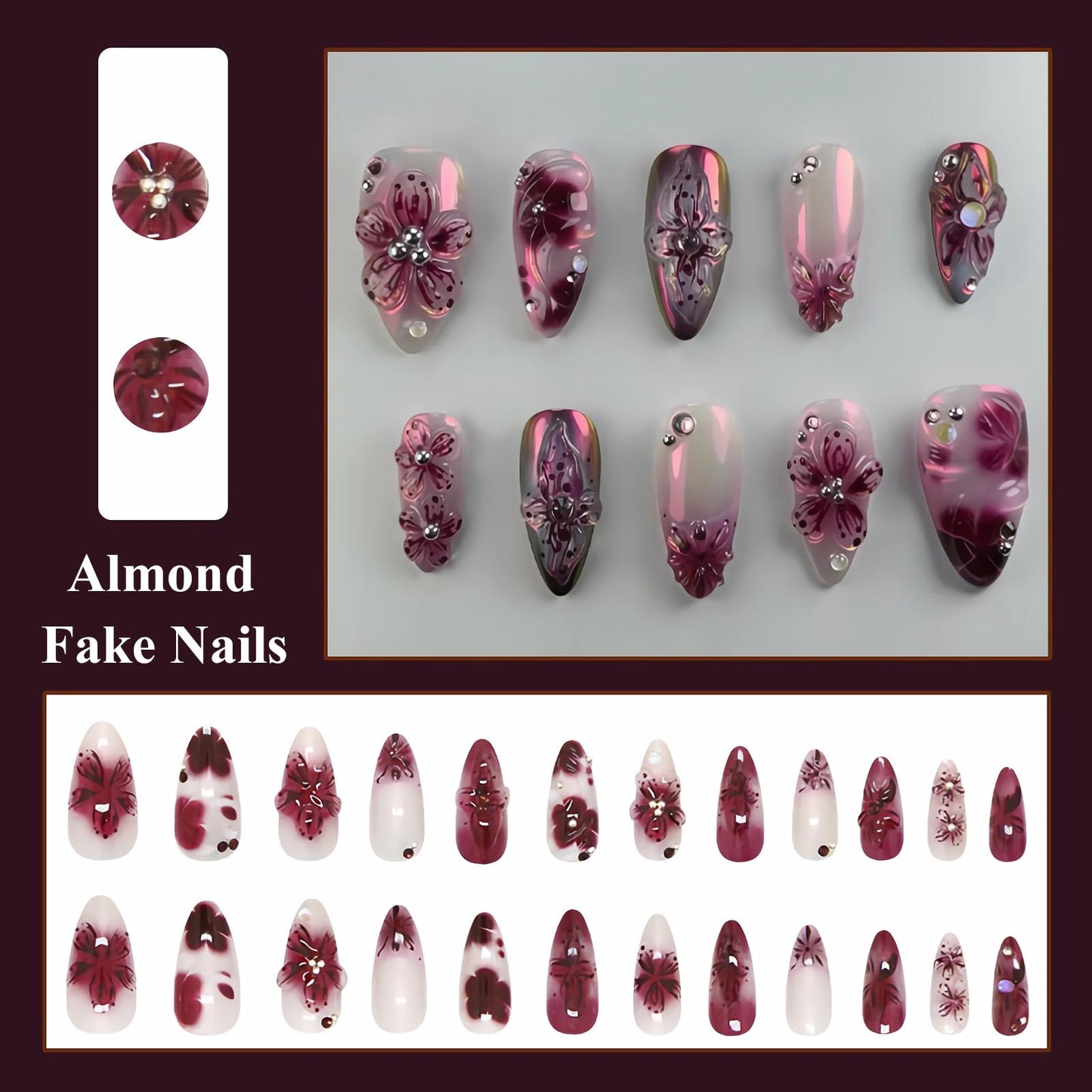 MISUD Press on Nails - Medium Almond Fake Nails with Purple Acrylic Handmade 3D Flower Design 24 pcs