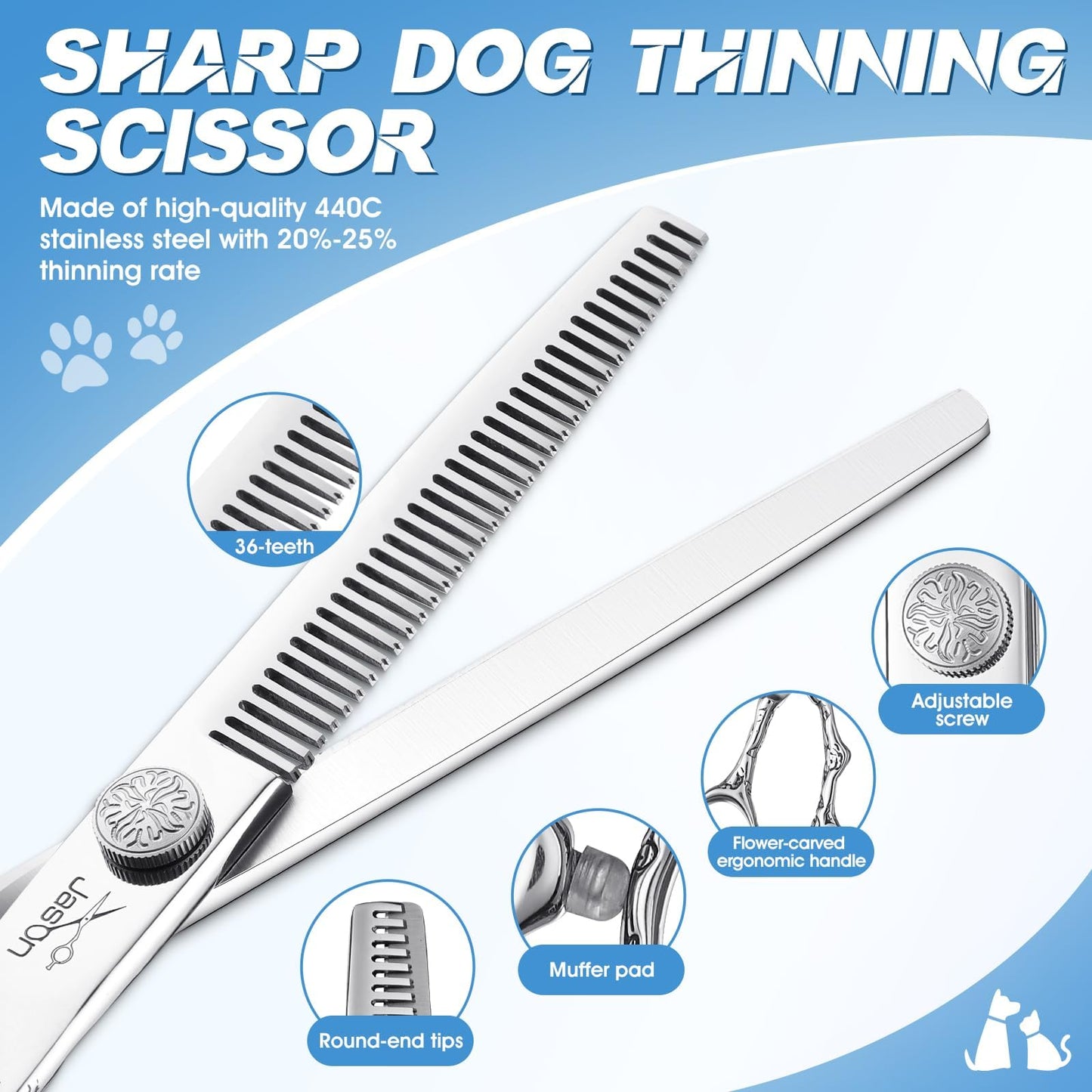 JASON Dog Grooming Scissors Kit, Professional 6 in 1 Dog Scissors Set - 6.5" Thinning, 7" Straight, 7" Up-Curved, 7" Down-curved Shears and Comb for Dog Cat Pet (Silver) Christmas Gift