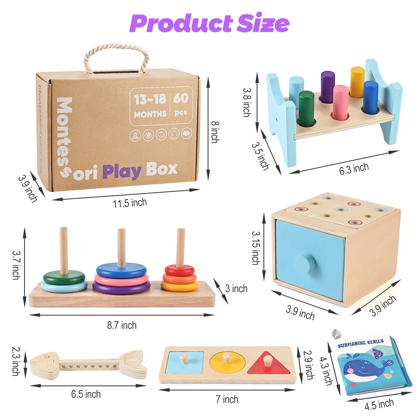 WoodTrove Wooden Montessori Toys for 1+ Year Old, 9-in-1 Learning Educational Set with 3-in-1 Activity Box, Pound Bench, Shape Puzzle, Cloth Books, Fishbone Matching & Ring Stacker