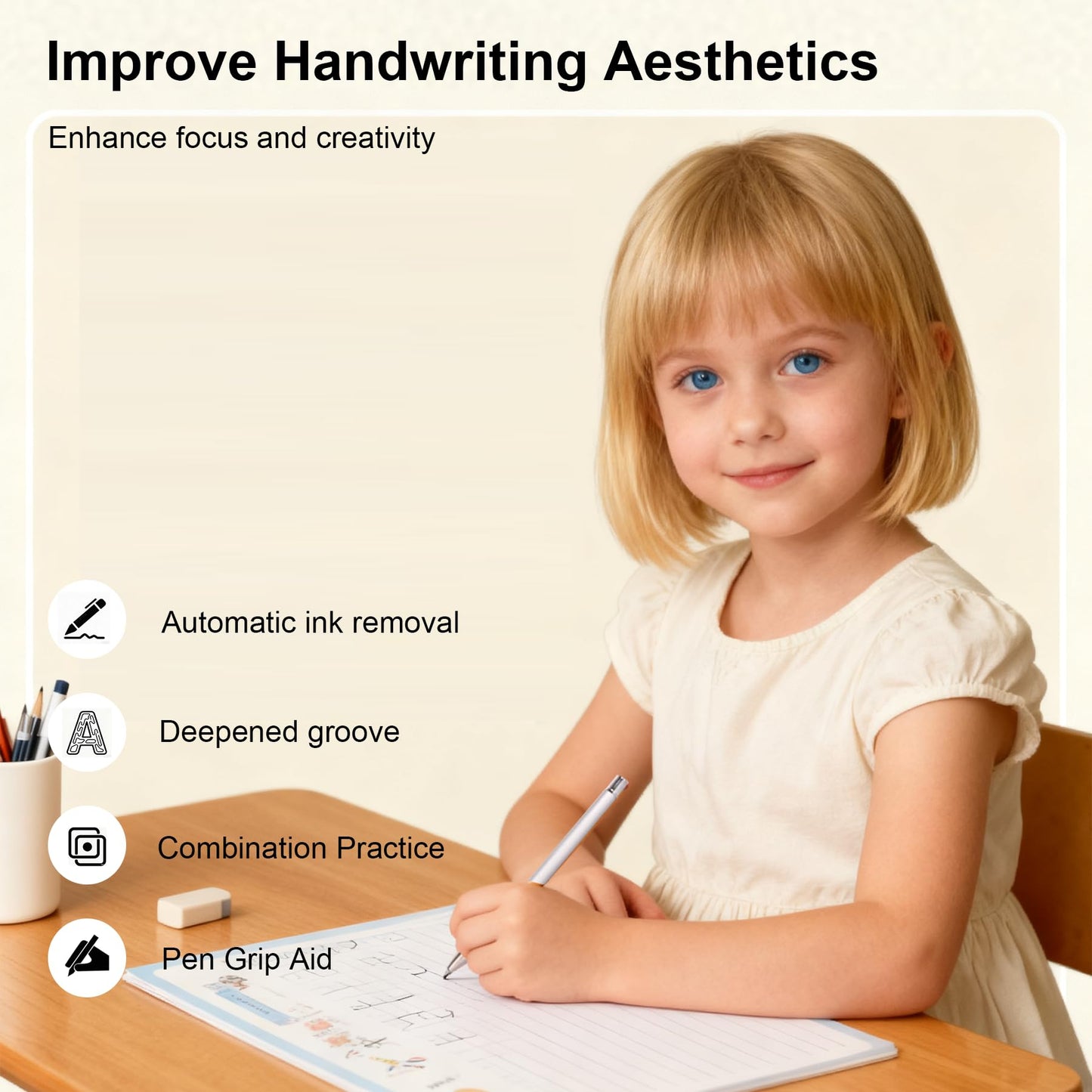 Grooved Cursive Handwriting Workbook for Kids Ages 8-12, Reusable Cursive Writing Practice Book, Cursive Calligraphy Kit with Disappearing Ink, Cursive Copybook for Beginners & Teens