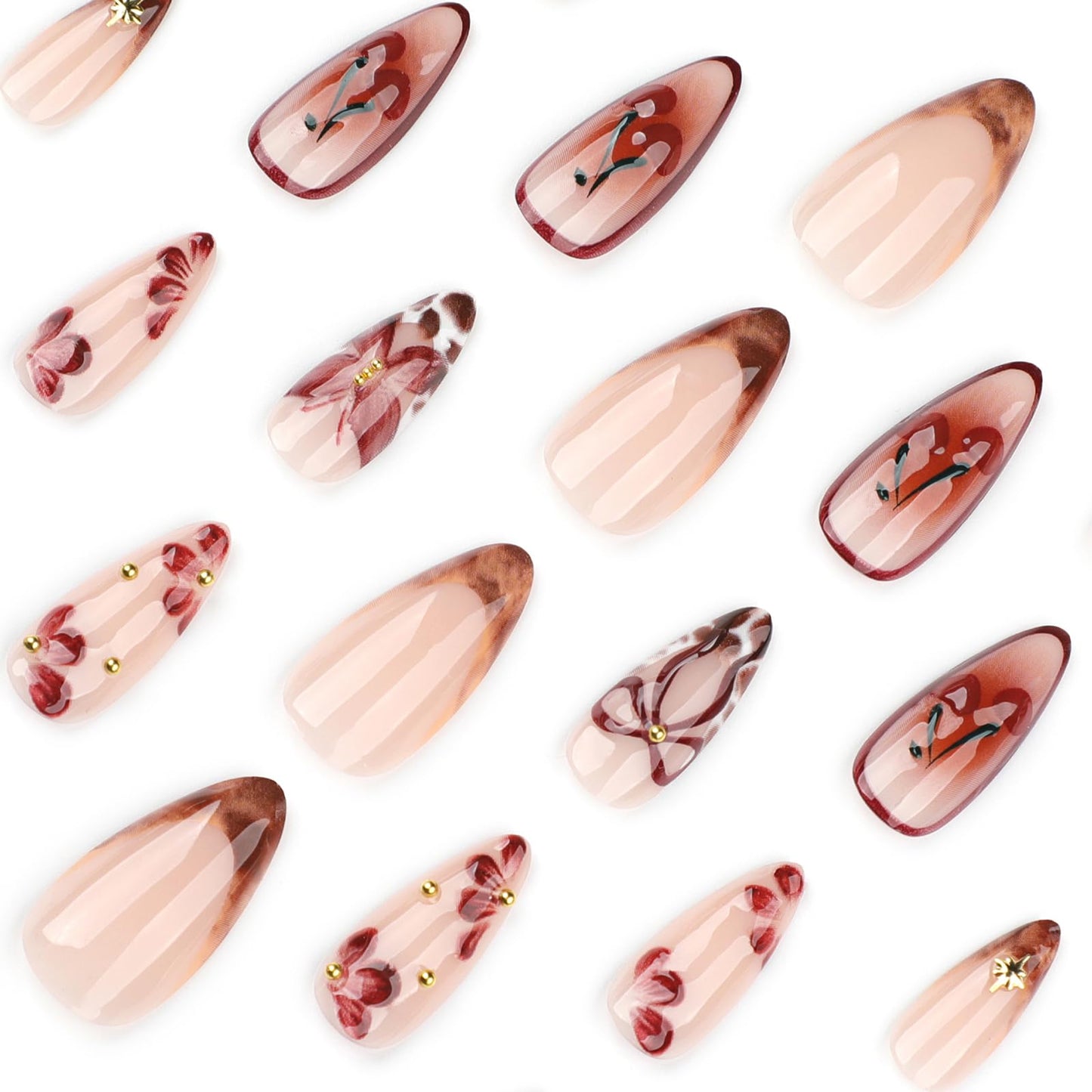 MISUD Press on Nails - Medium Almond Glue on Nails with Fall Brown, Acrylic Autumn Flower Design 24 pcs