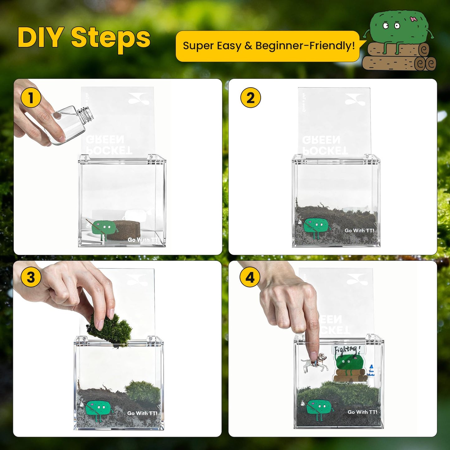 DIY Moss Terrarium Kit, 4 * 4 * 4 inch Acrylic Cube Mini Garden with Live Star Moss, Soil, Boundless Fortune-Craft Kit for Adults and Teens, Relaxing Desk Decor & Unique Gift for Home or Office