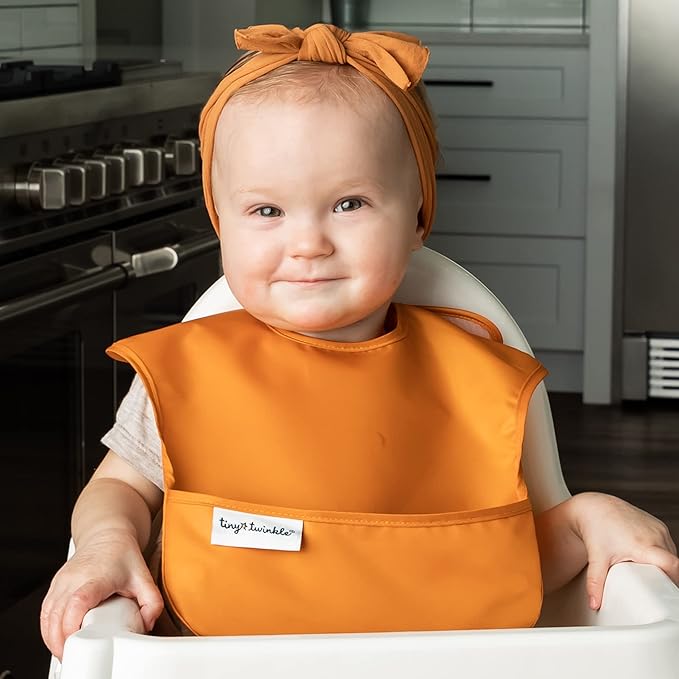 Tiny Twinkle Mess-Proof Baby Bibs for Eating | Waterproof, Wipeable Toddler Bibs with Catch-All Pocket | Feeding Bibs for Girls & Boys(5 Pack,Girl Solids)