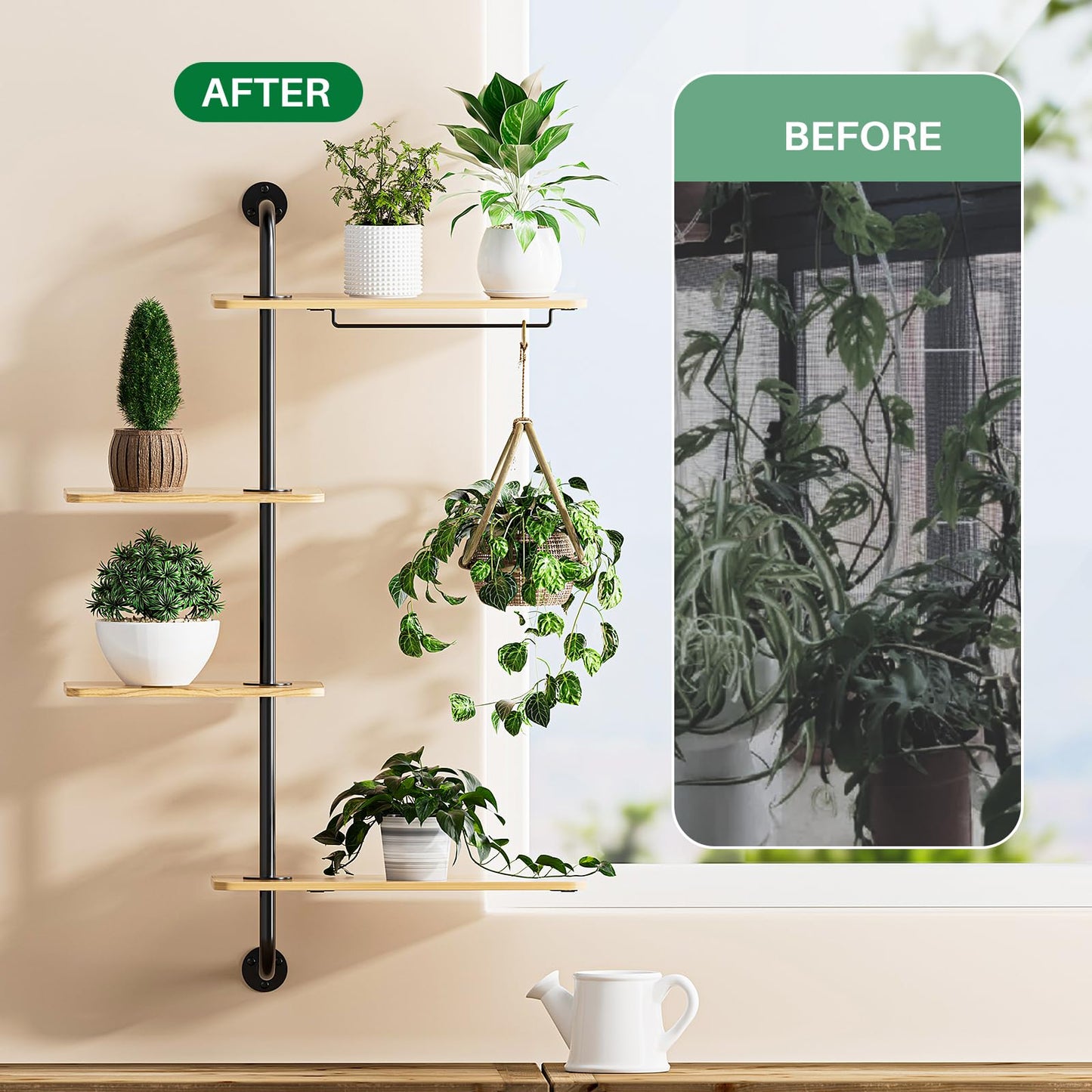 YUOROS Window Shelf for Plants, 4-Tier Rotating Window Sill Plant Shelves Stand Plant Wall Holder with Hanger