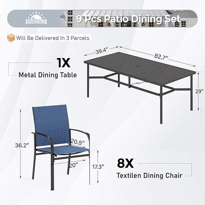 Patio Dining Set 9 PCS, 8 Stable Outdoor Dining Chairs with Rectangular Dining Table, Patio Table and Chairs Set for Lawn,Garden,Deck and Backyard