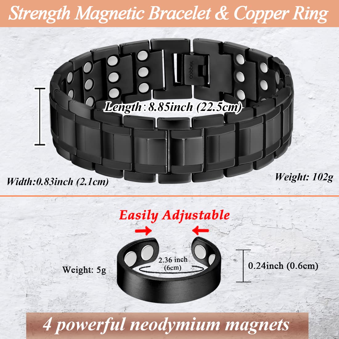 Cigmag 3X Copper Bracelet for Men Triple Ultra Strength Magnets Pure Copper Magnetic Bracelet & Ring Set with Adjustable Sizing Tool
