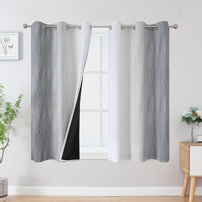 Estelar Textiler Grey and Greyish White Blackout Curtains 45 Inch Length, Light Blocking Gradient Drapes for Kitchen, Thermal Insulated Grommet Ombre Curtains for Bathroom,42Wx45L,2 Panels