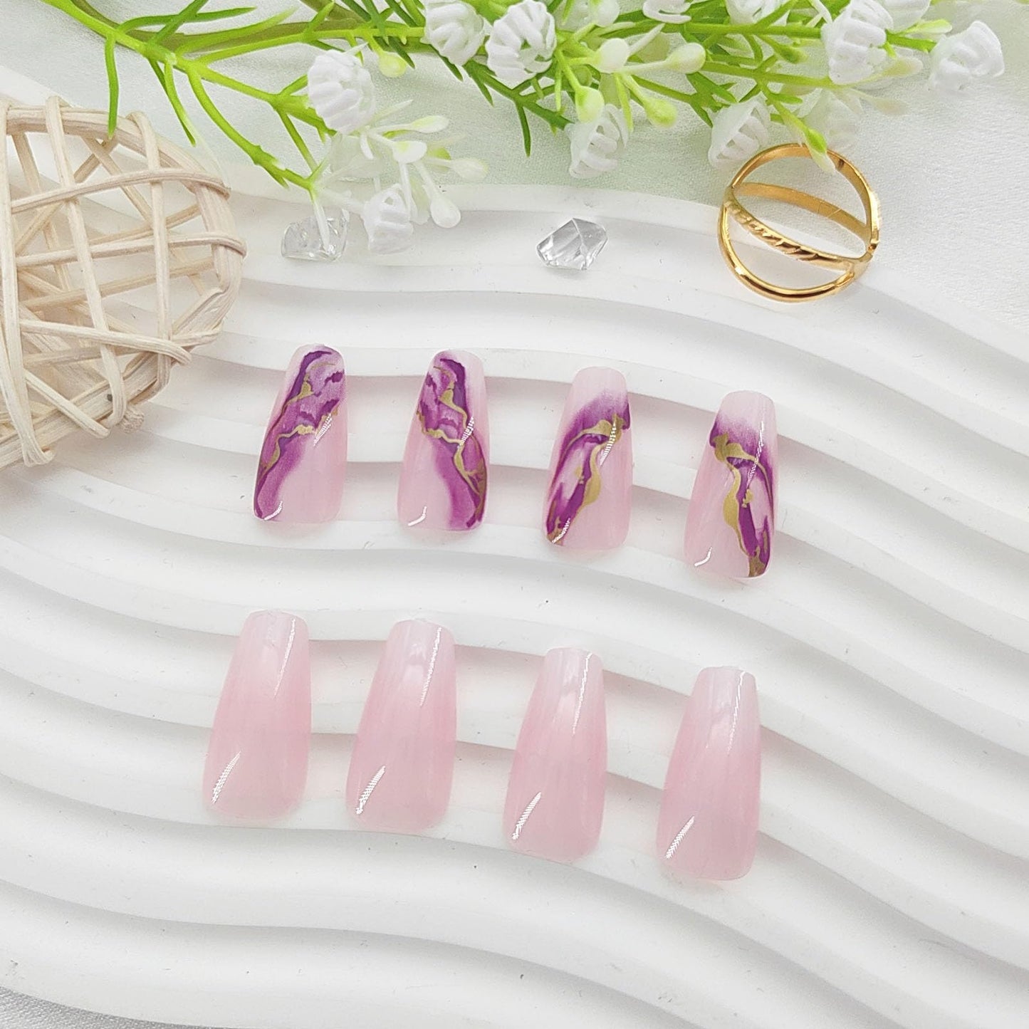 Coffin Press on Nails Medium Fake Nails with Purple Marble Designs Acrylic Nails Press ons Glossy Glue on Nails Pink Translucent False Nails Artificial Stick on Nails for Women 24Pcs