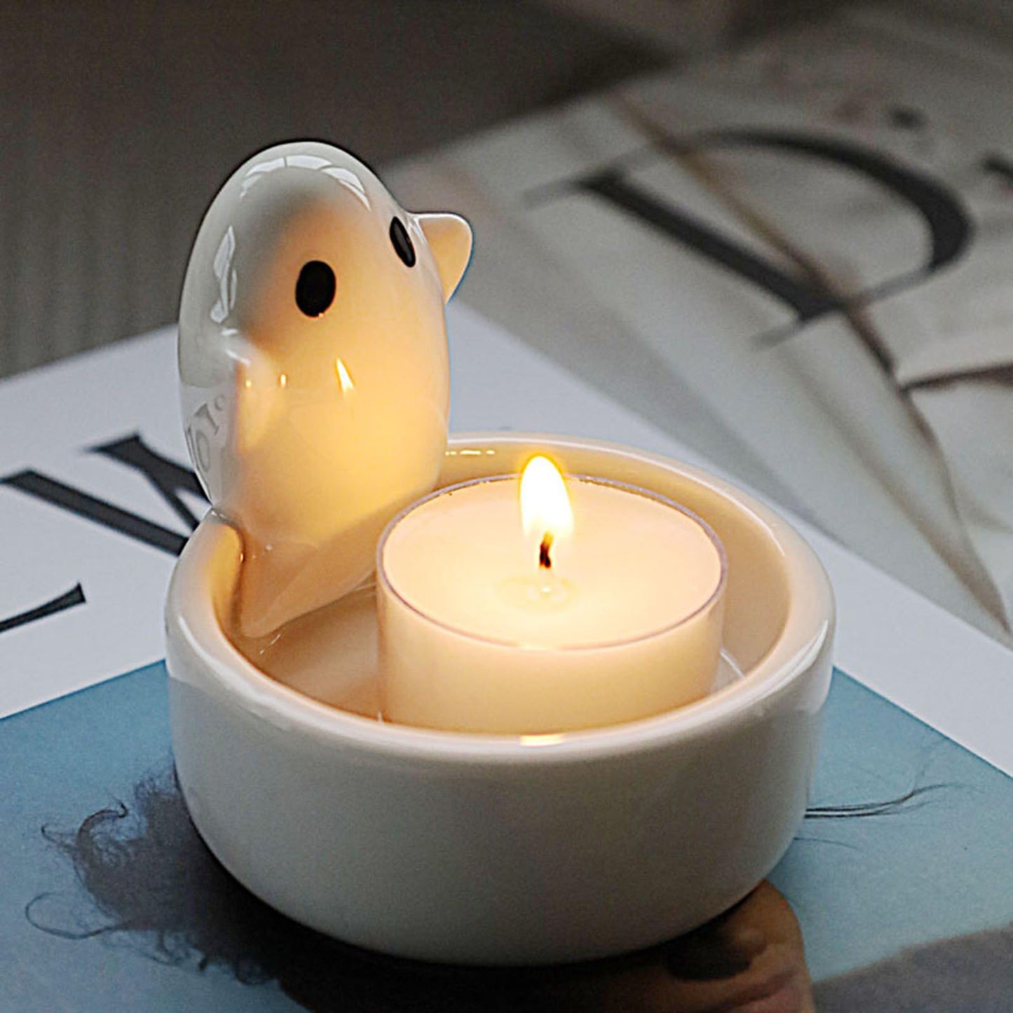 Lucklybestseller Cute Cartoon Small Ghost Candle Holder,White Handmade Ceramic Candlestick,Tea Light Holders,Halloween Decorative Candlestick,Gift for Lovers Mothers Friends(Ghost)