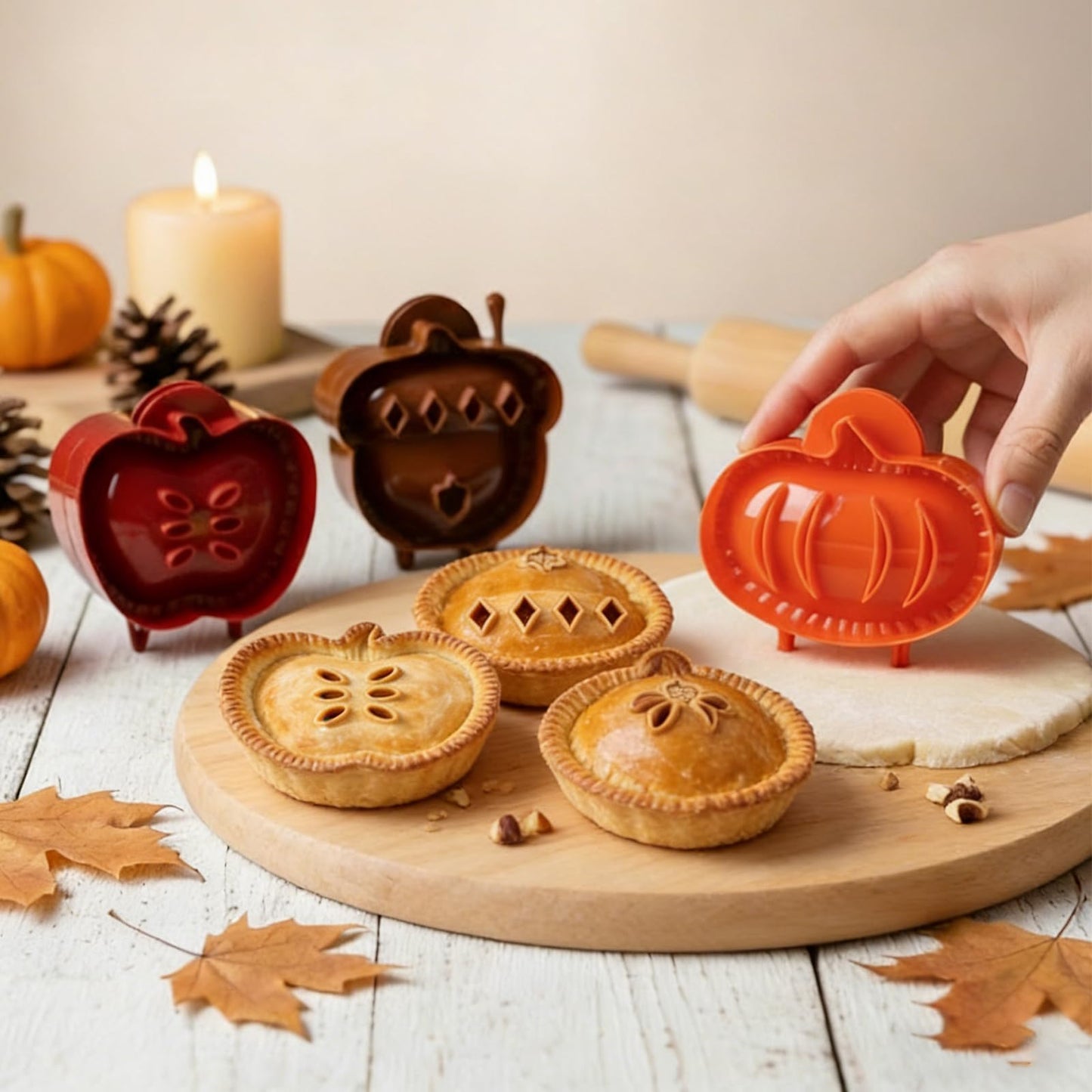 Fogun Hand Pie Molds for Home Baking,Set of 3 Mini Pocket Pie Dough Press, Apple Pumpkin Acorn Shapes,BPA-Free Plastic Baking Tool for Festivals and Parties,One Press Pastry Hand Pie Maker
