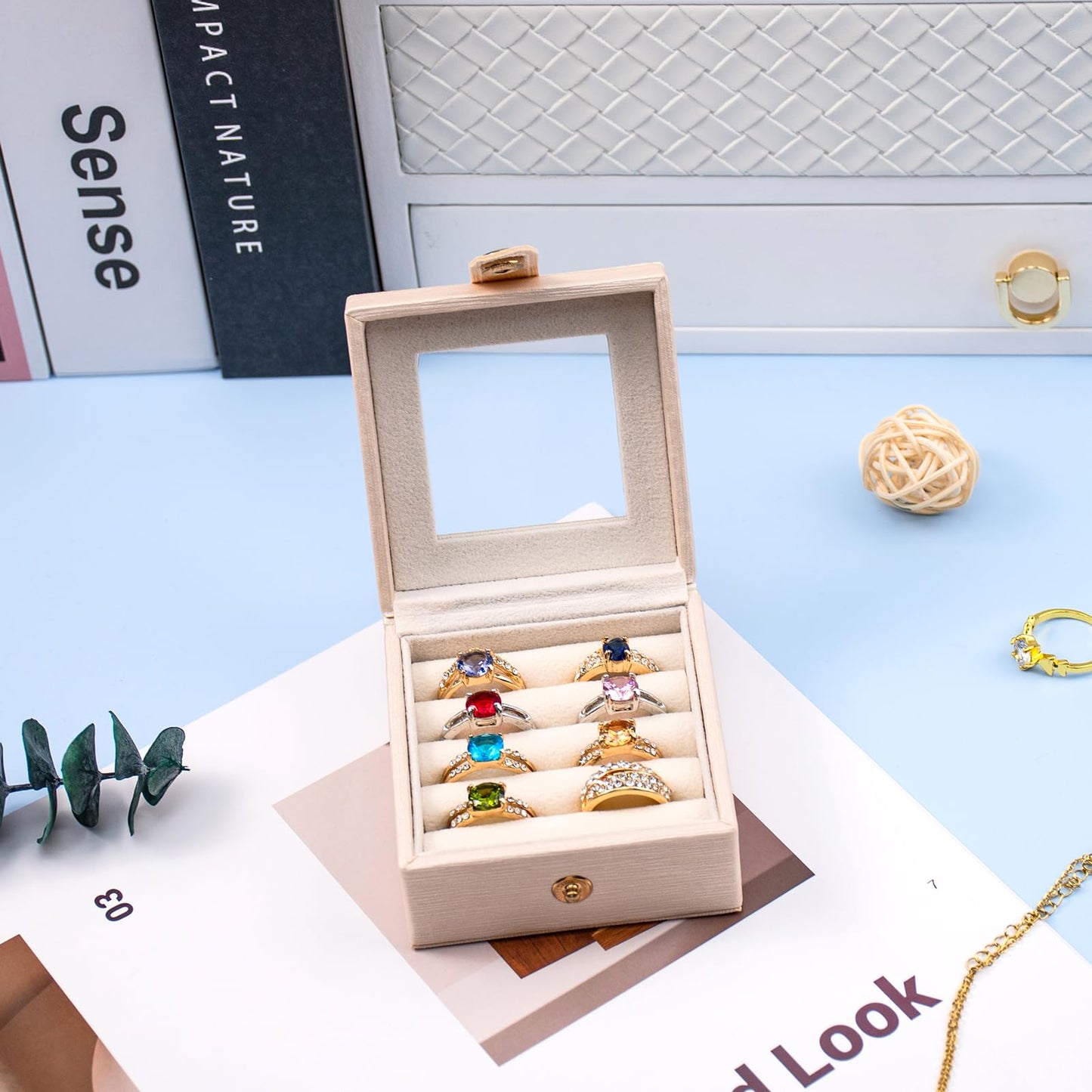 SANQIANWAN Small Leather Jewelry Box with Glass Top Mini Ring Display Case with 8 Slots for Selling Gift for Girls and Women (Pearl White)