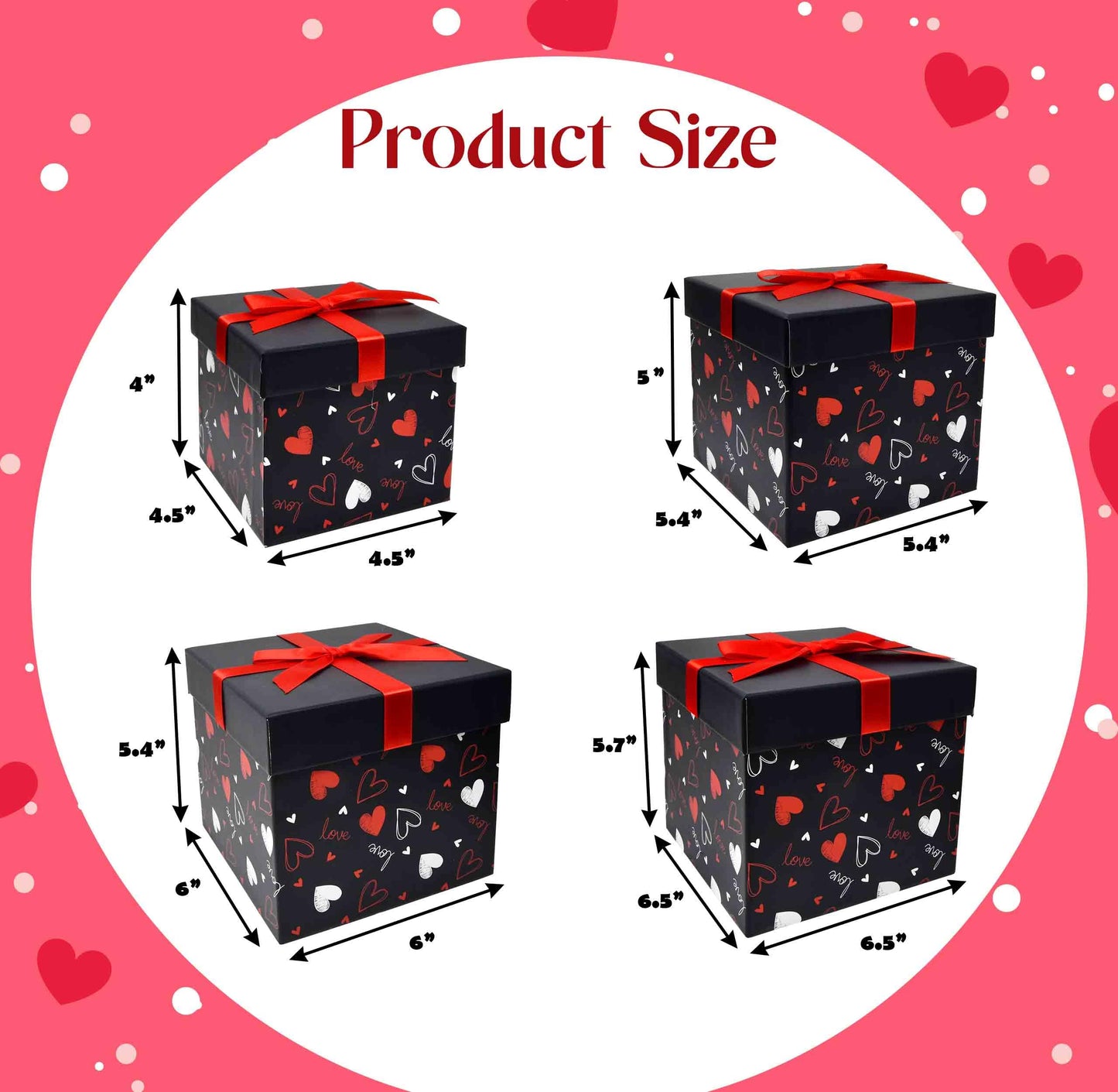 Gift Boutique 4 Pack Valentine Nesting Boxes with Bow Lids Black Red Hearts Stacking Square Box Gifts Presents Wrapping Birthday Wedding Party Decor