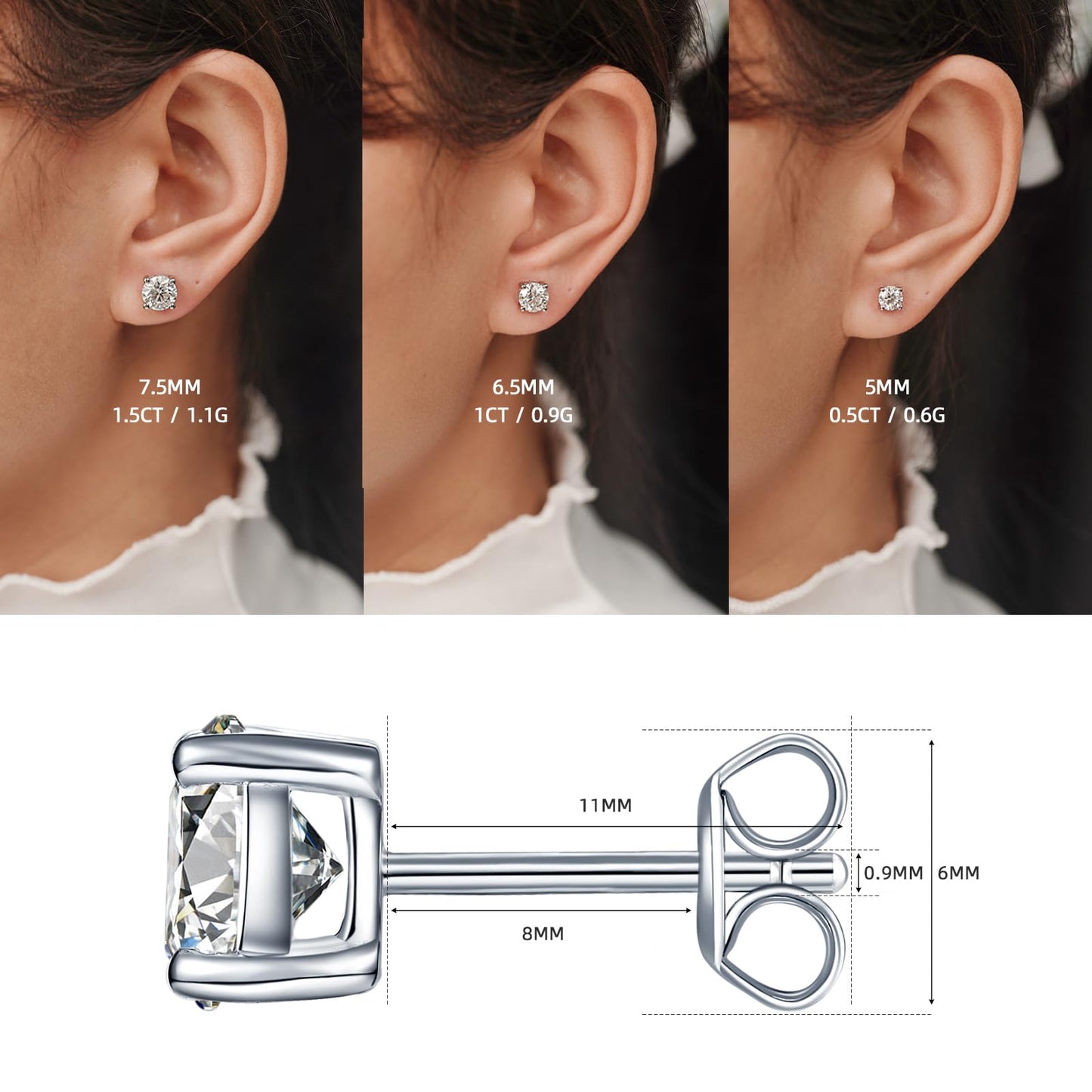 YODEWA Moissanite Stud Earrings for Women 925 Sterling Silver Hypoallergenic Butterfly Back 1 Pair DEF Color Lab Created Brilliant Round Moissanite Earrings (Silver 2CT)