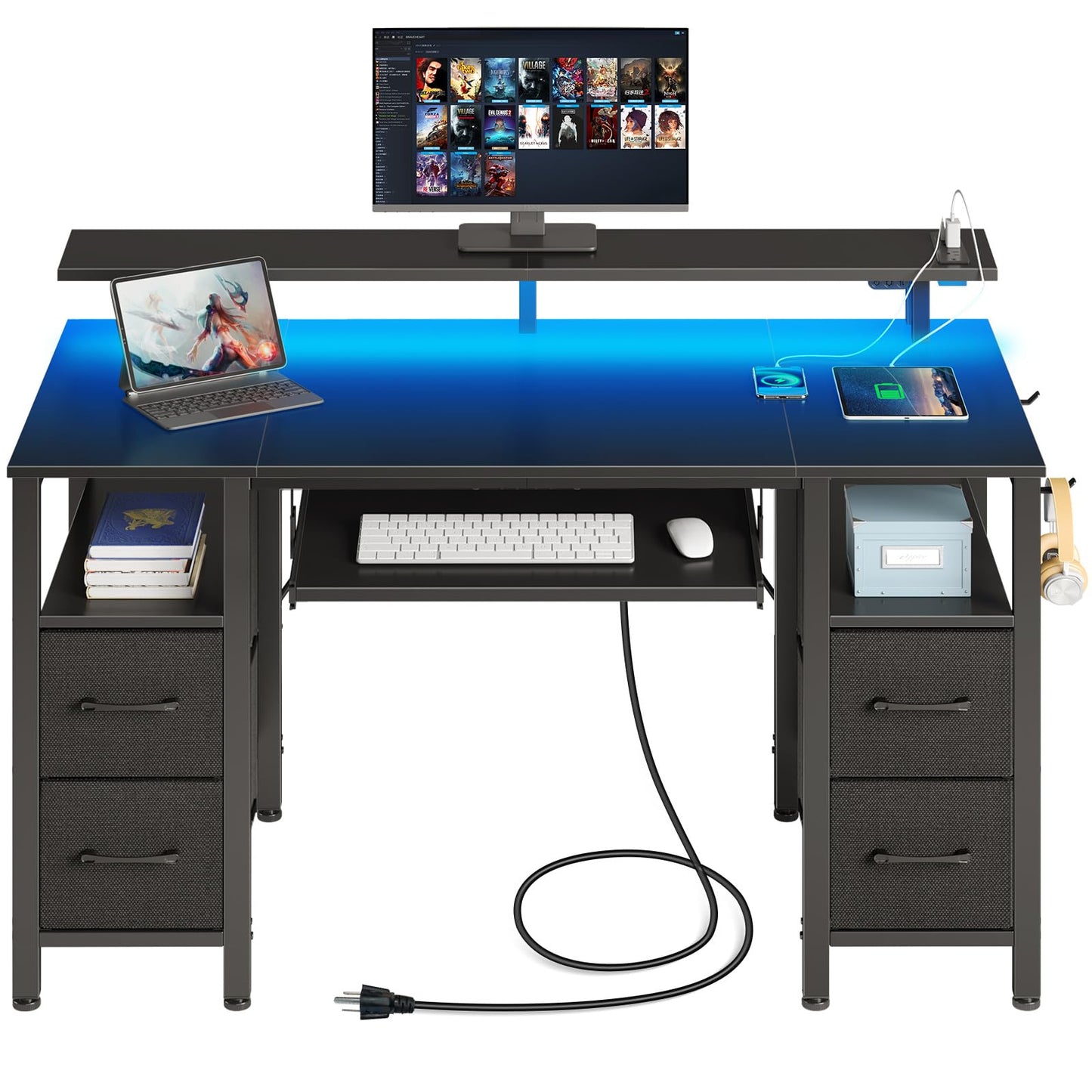 Seventable Computer Desk 47.2" with LED Lights & Power Outlets, Home Office Desk with 4 Drawers, Writing Desk with Keyboard Tray, Study Table with Monitor Stand, Work Desks for Home Office, Black