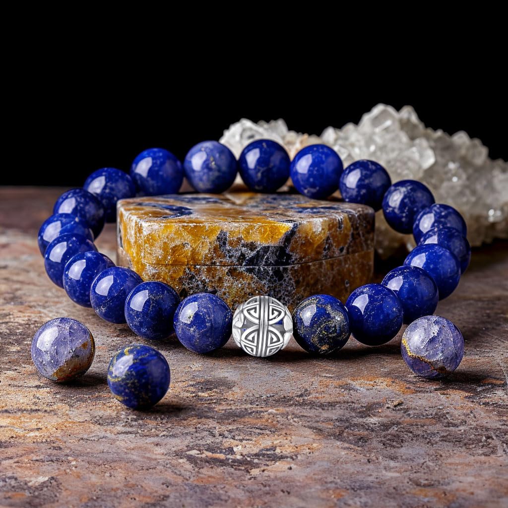 MetJakt Healing Crystals Beaded Bracelets for Womens Natural Gemstone 8mm Beads Stretch Bracelets with 925 Sterling Silver Double Happiness Pendant (Lapis Lazuli)