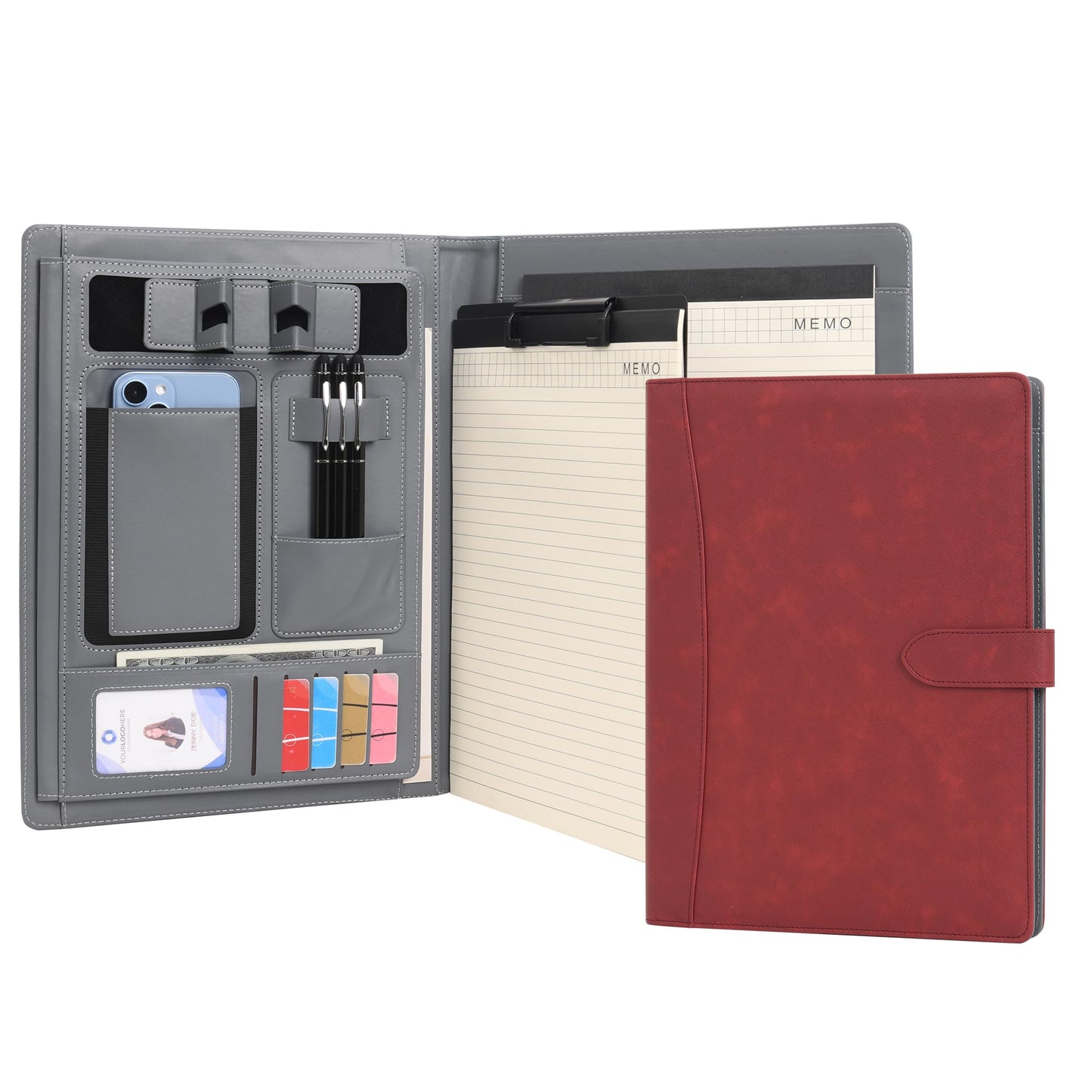 Wason Portfolio Padfolio A4 Leather PU Folder File Document Holder Case with Writing Pad Removable Clipboard Card Stationary Case Phone Tablet Stand for Organizer Office Travel School (Red Wine)
