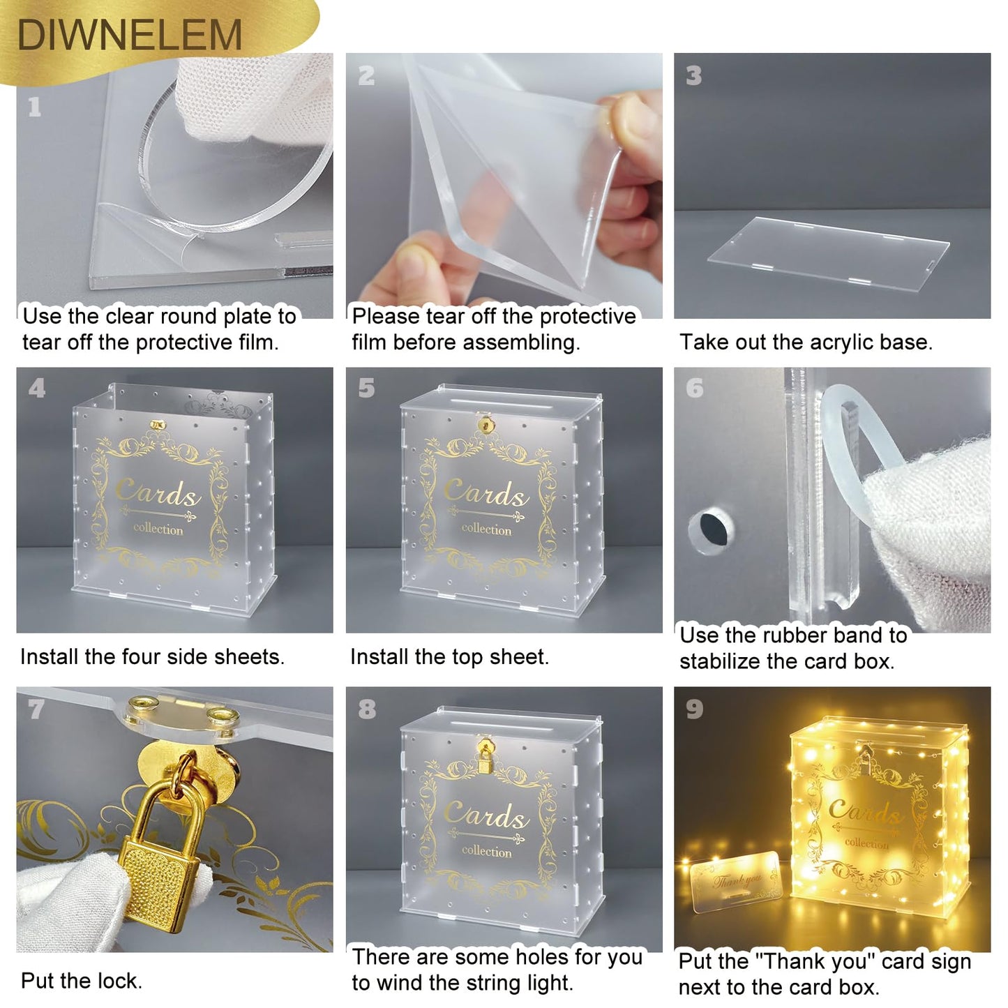 DIWNELEM Acrylic Wedding Card Box with Lock String Light Frosted Large Card Box for Wedding Letter Box Envelope Box Acrylic Gift Card Box Money Box for Party Birthday Reception