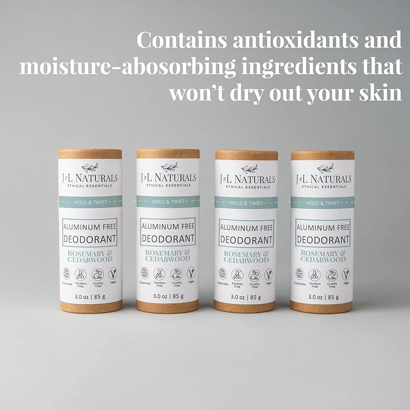 J&L Naturals Aluminum Free Deodorant for Men & Women | 100% Natural Ingredients With Coconut Oil, Shea Butter, & Essential Oils | Sustainable, Eco-Friendly (Rosemary & Cedarwood, 3.0 Oz (Pack of 4))