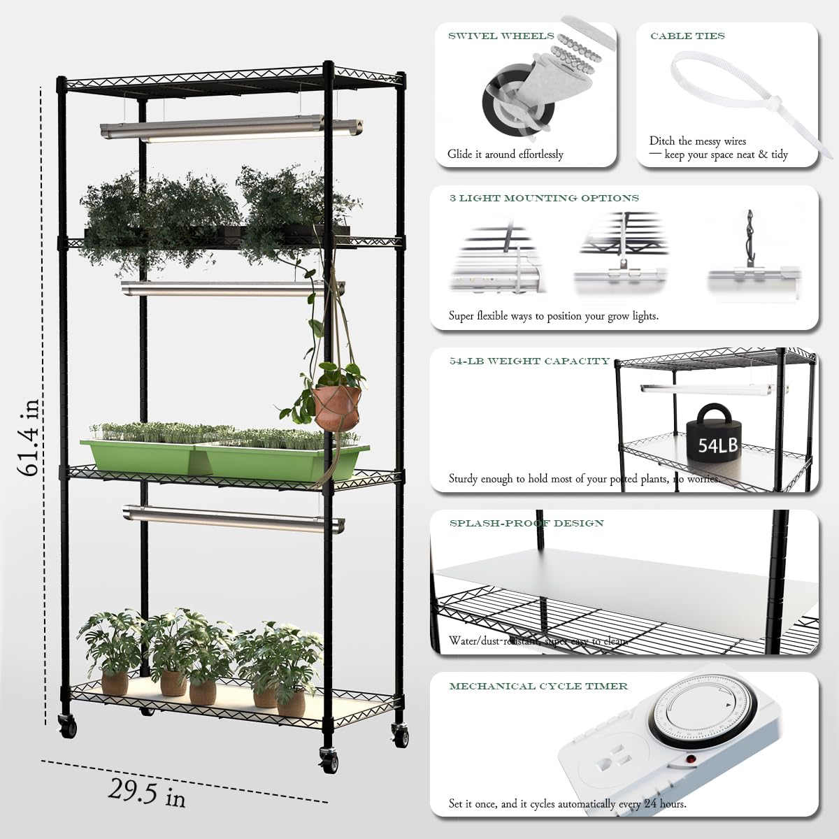 SQUEEZE master Indoor Greenhouse with Grow Lights-DIY Modular Plant Stand with 3-Tone Full Spectrum Lighting- Adjustable Shelves & 24H Timer-Rolling Plant Rack for Seed Starting