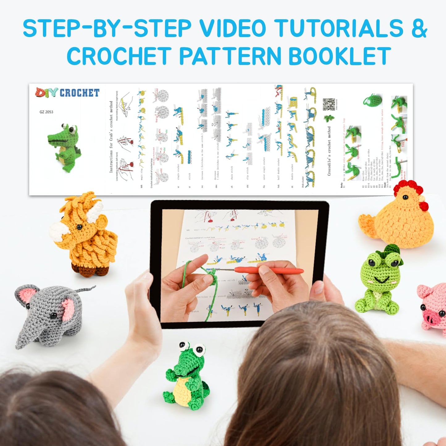 7SHAAARKS Crochet Kit for Beginners | Set of 6 Animal Crochet Kits with Yarn & Video Tutorials, Includes Frog, Crocodile, Rooster, Elephant, Yak & Piglet, Easy DIY Gift for Teens & Kids, Christmas