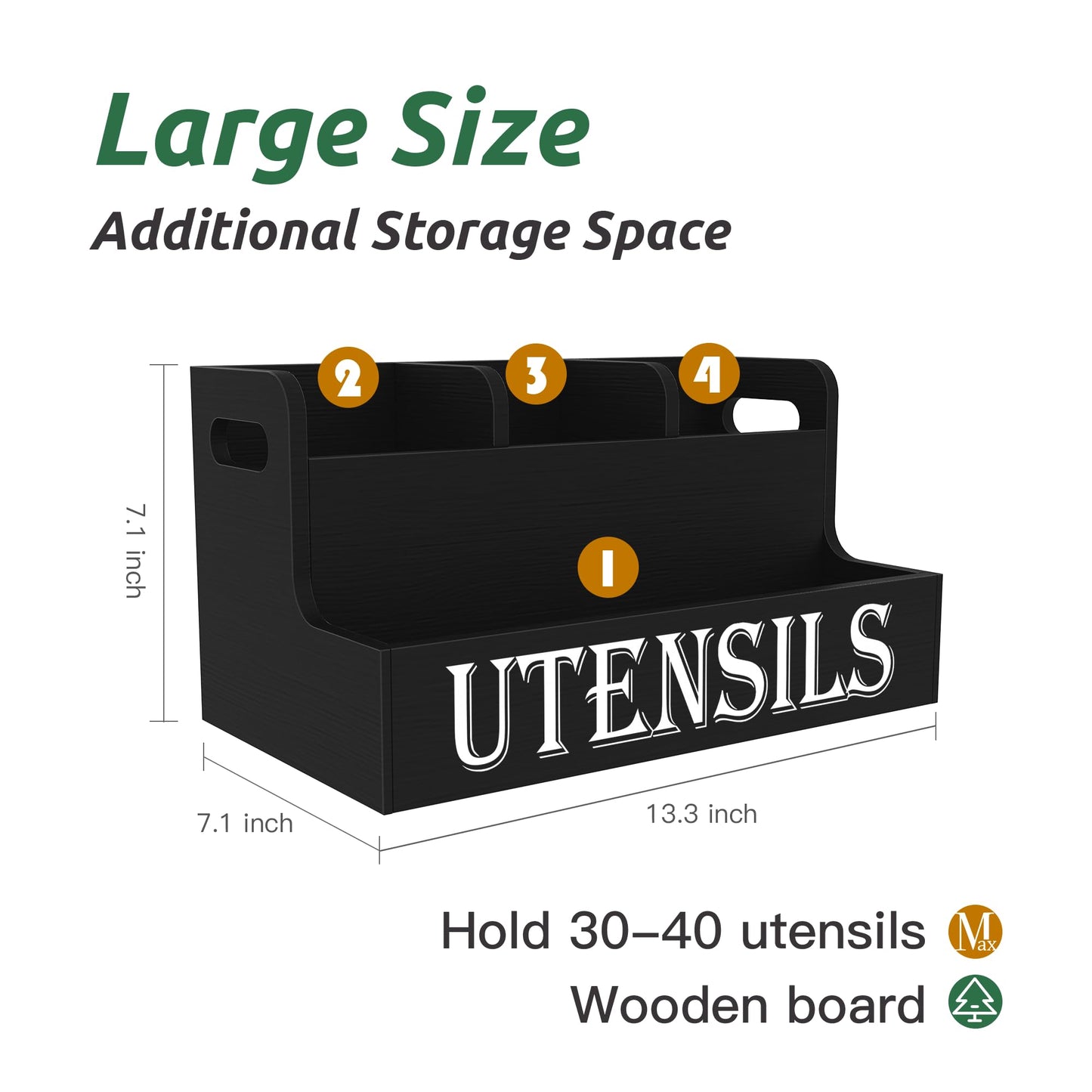 Suli Kitchen Utensils Holder, Wooden Utensil Organizer for Kitchen Countertop, Farmhouse Utensil Storage, Rustic Cooking Utensils ,4 Compartments,- Black
