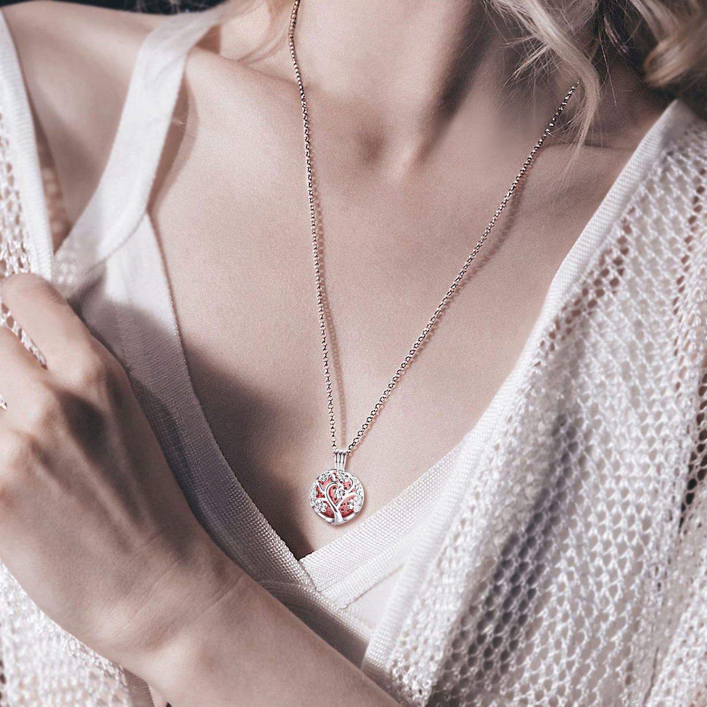 INFUSEU Sakura Tree Aromatherapy Necklace, Essential Oils Diffuser Locket Pendant with 7 PCS Lava Rock Stones and 24" Link Chain