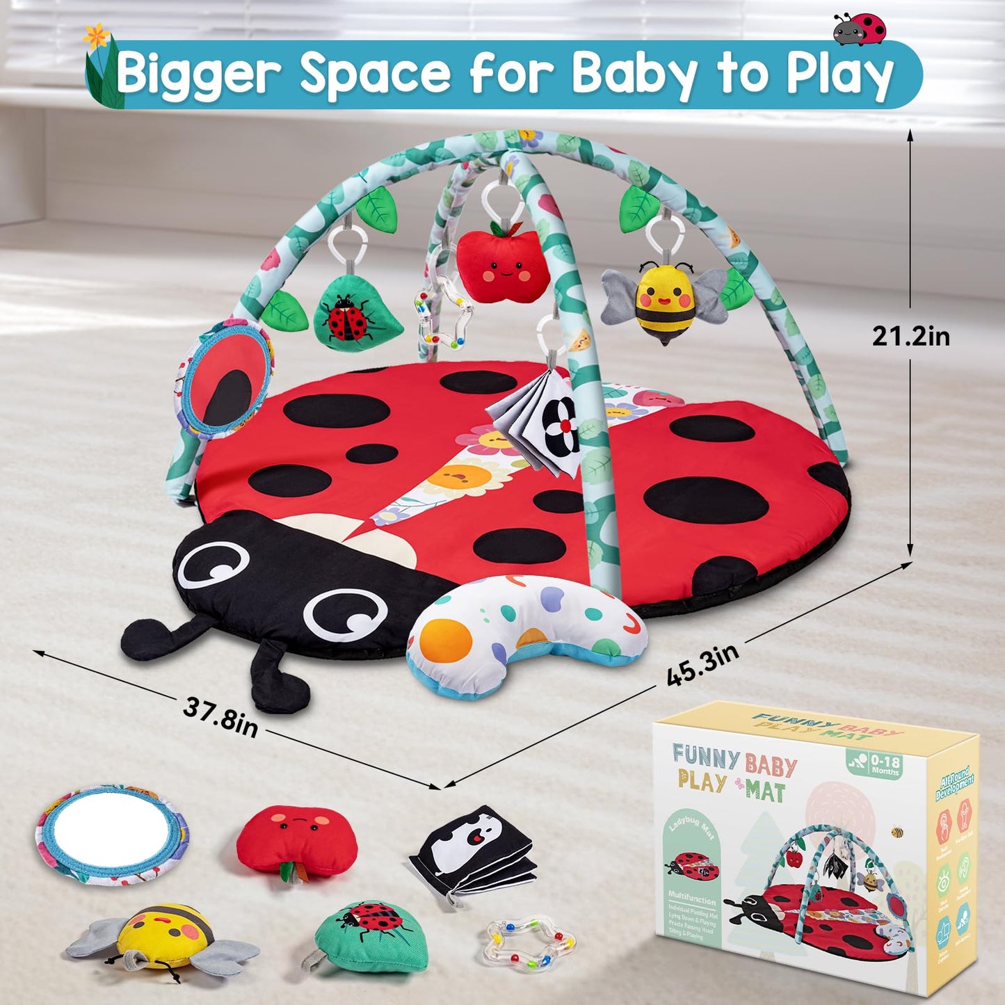 Jyusmile Baby Play Gym Mat, 8-in-1 Tummy Time Mat with 6 Toys, Washable Baby Activity Mat for Visual, Hearing, Sensory, Motor Development, Baby Essentials Gift for Newborn Infant 0-3-6-9-12 Months
