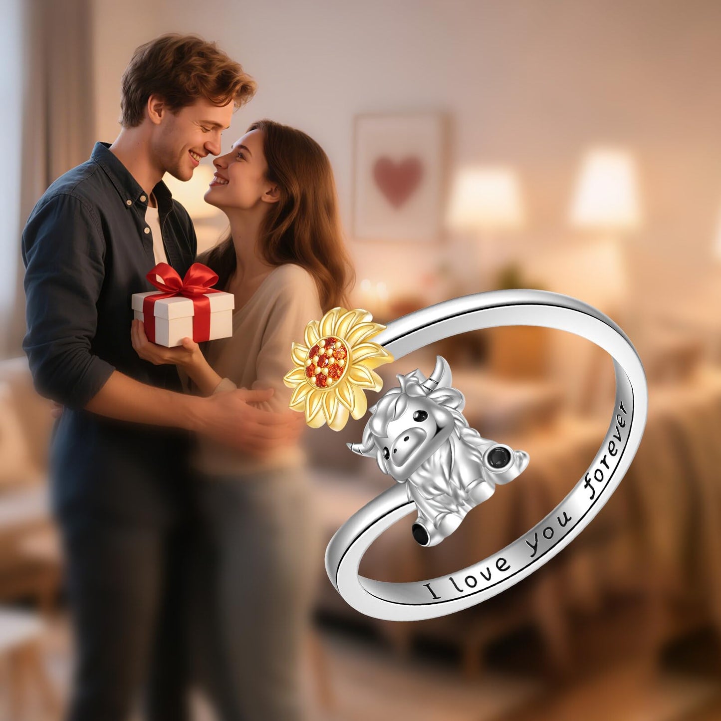 JBAERD Highland Cow Ring Sterling Silver Adjustable Cow Ring Sunflower Animal Jewelry Gifts for Women