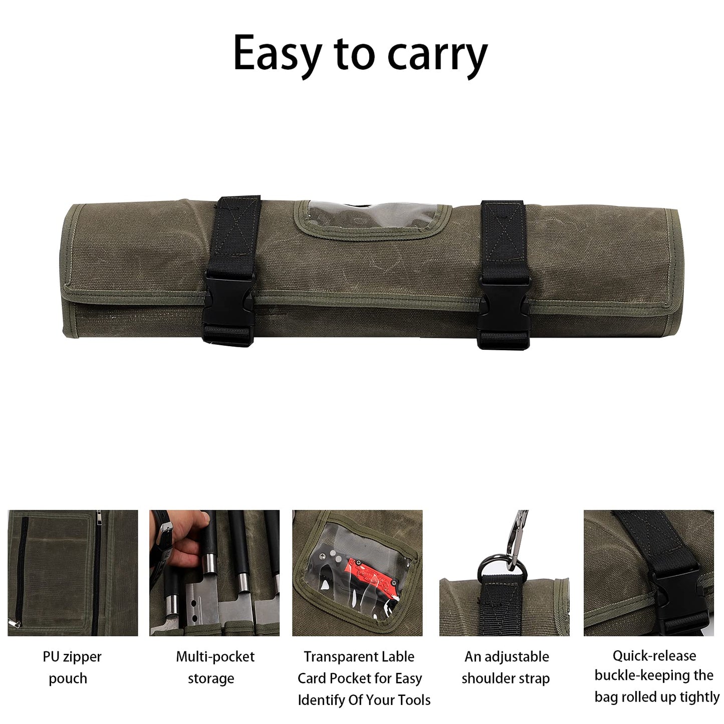 HERSENT Waxed Canvas Chef’s Knife Roll Bag,Army Green Knife Wrap,Portable Knife Roll,Waterproof Pocket Knife Carrier,Durable 16oz Knife Case With Adjustable Shoulder Strap