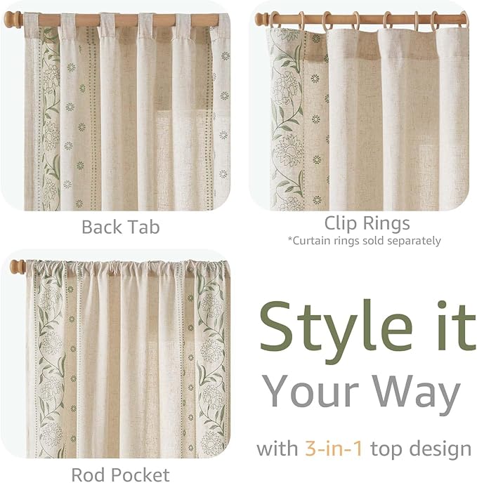 jinchan Winslow Linen Curtains for Bedroom 96 Inches Length Embroidered Bordered Floral Curtains for Living Room Farmhouse Decor Light Filtering Window Treatments Sage on Beige Drapes 2 Panels