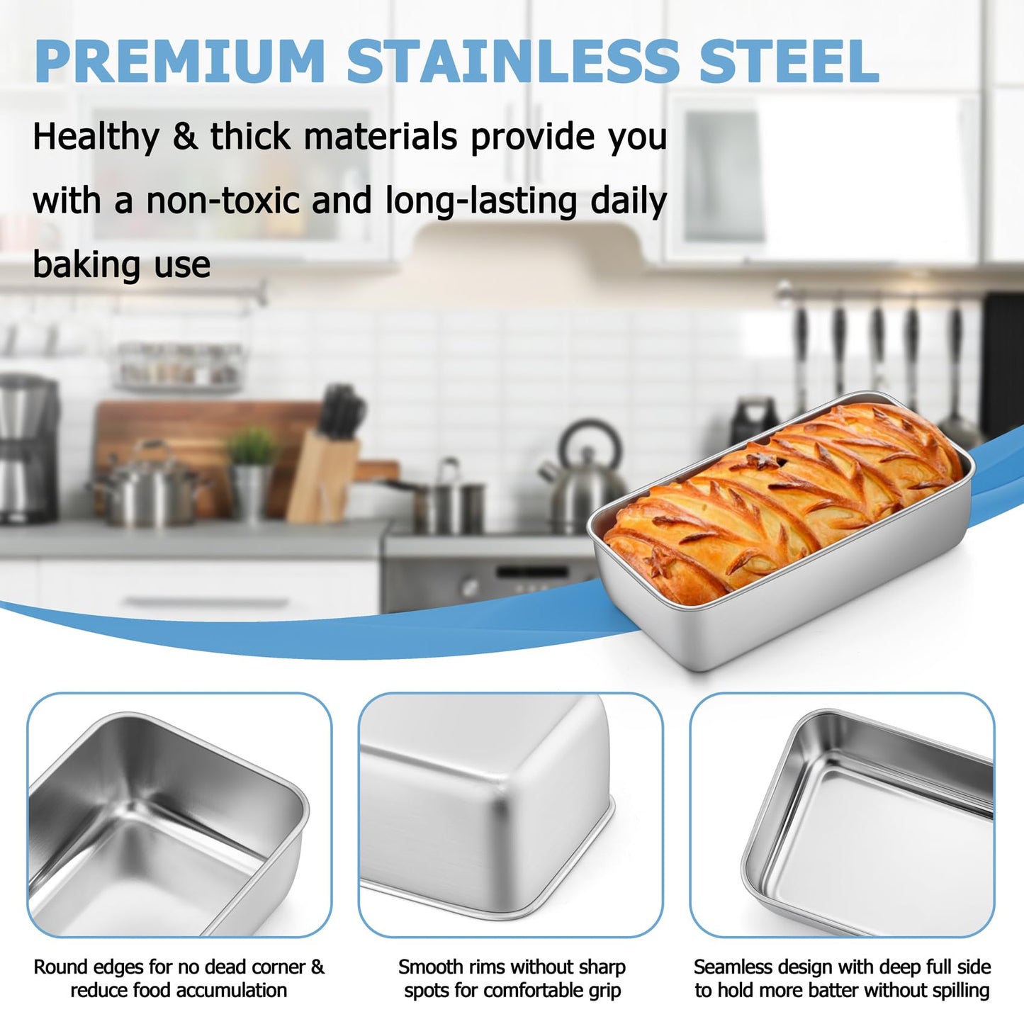 TeamFar Loaf Pan, 9¼" × 5" Bread Loaf Pans Meatloaf Pan Stainless Steel for Baking Bread Cake Lasagna, Healthy & Durable, Oven & Dishwasher Safe - Set of 4