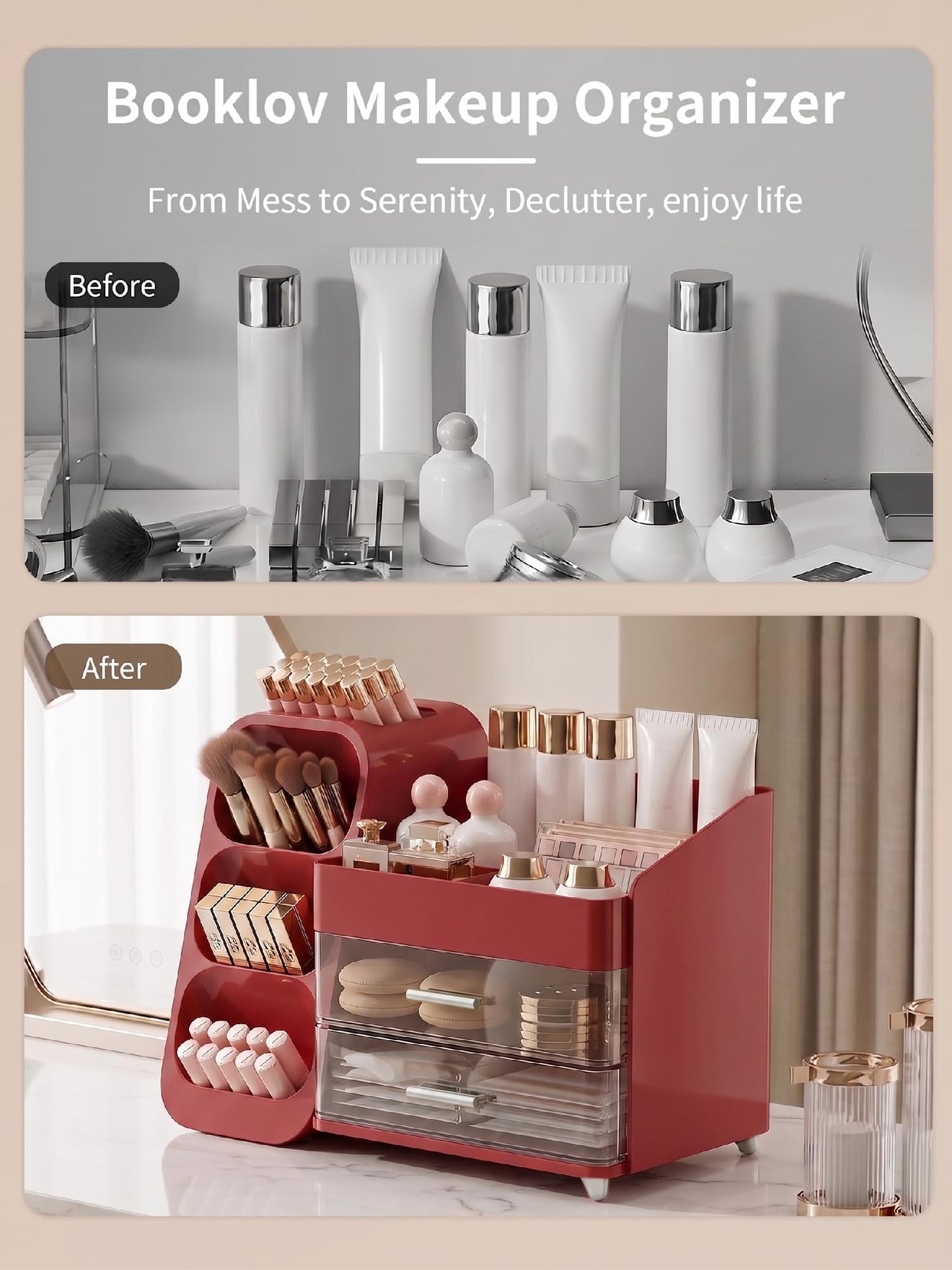 Booklov Makeup Organizer for Vanity, Large Capacity Cosmetic Display Case with Clear Acrylic Drawers, Countertop Beauty Storage Holder for Skincare, Brush Eyeshadow Lipstick, Counter Desk, Crystal Red