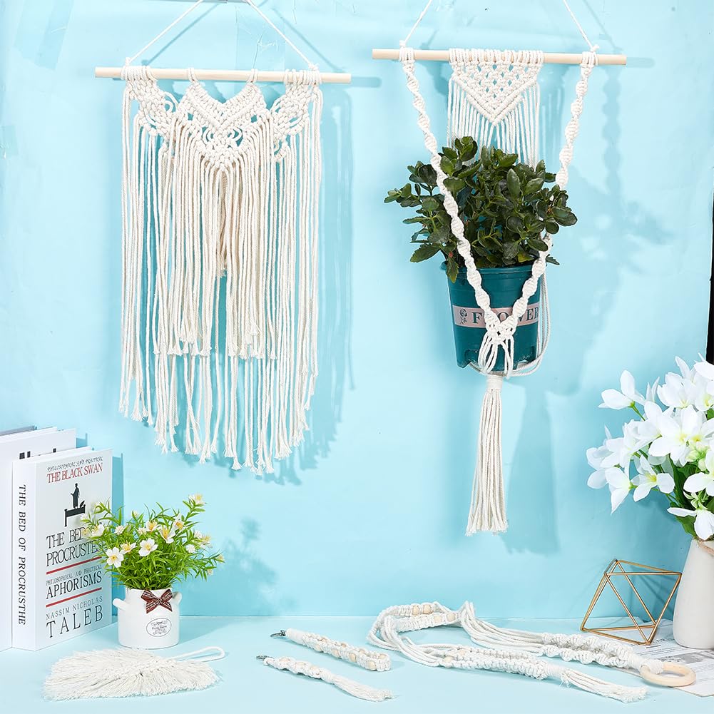 INFUNLY 8 in 1 DIY Macrame Kit All in One Macrame Kits for Adults Beginners White Macrame Wall Hanging Ornaments for Decoration Easy Macrame Keychain Kits Macrame Plant Hanger Kit with Instruction