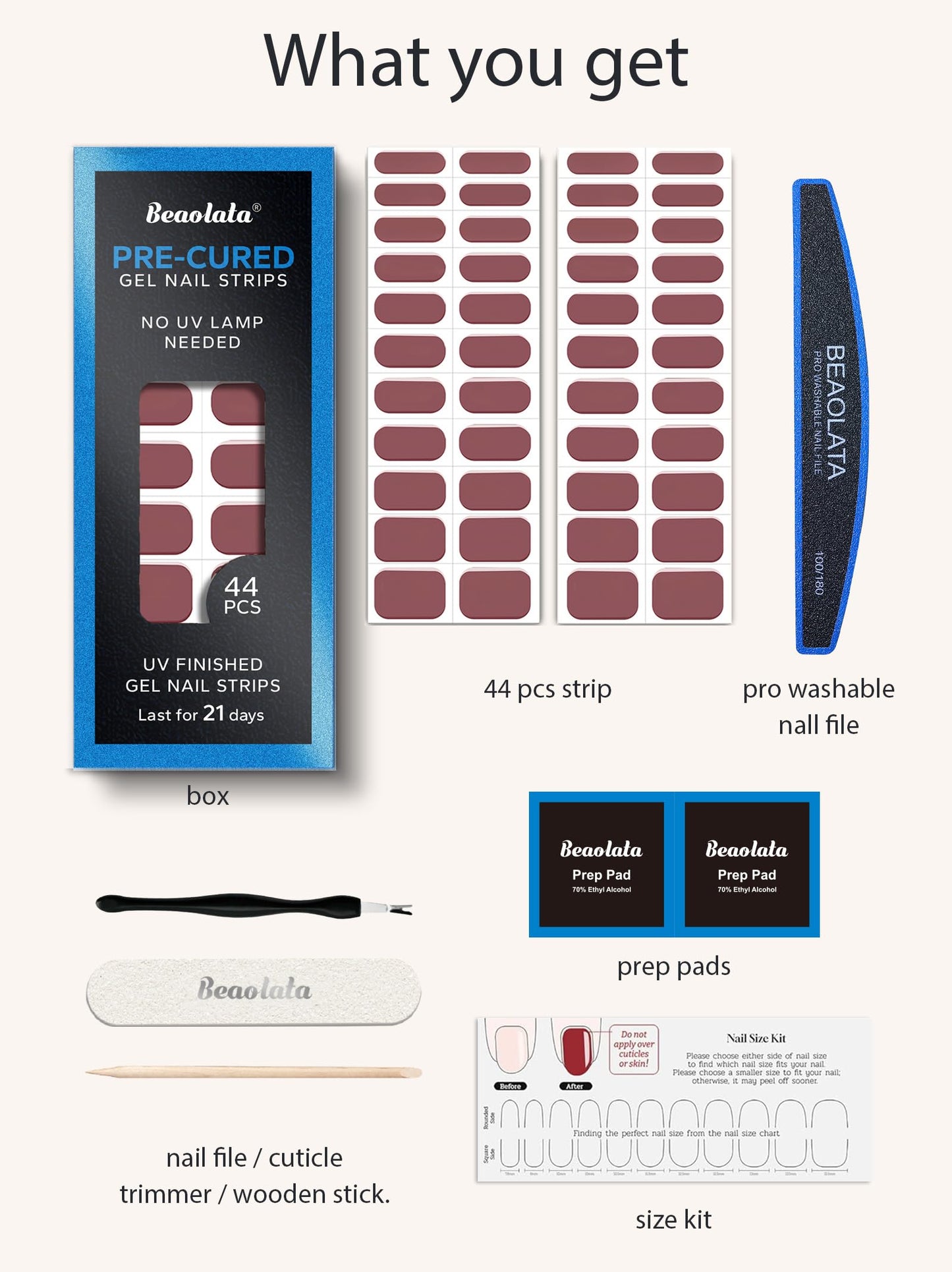 Beaolata Real Gel Nail Strips (No UV Light Needed) - 44Pcs Salon Quality Nail Stickers - Long Lasting Polish Wraps for Women, Easy Apply & Remove (Muted Rose Brown)