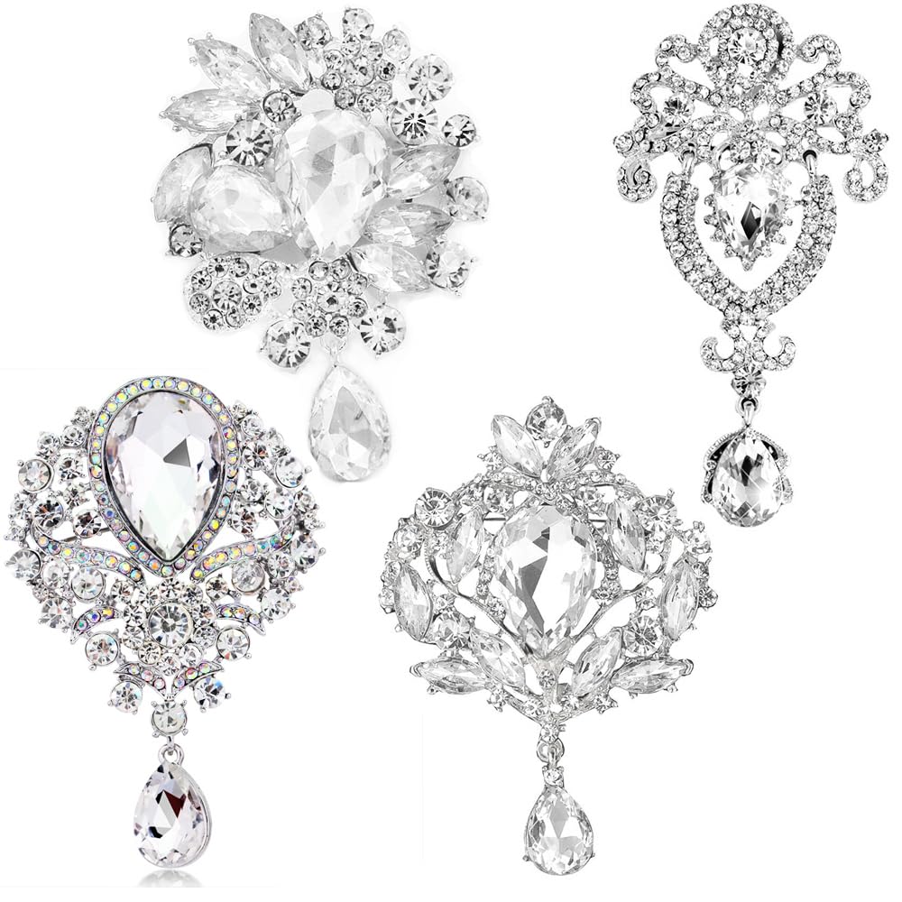 Ezing 4 Pieces Lot Large Big Silver Gold Plated Assorted Crystal Rhinestones Brooch Pins Set (B)