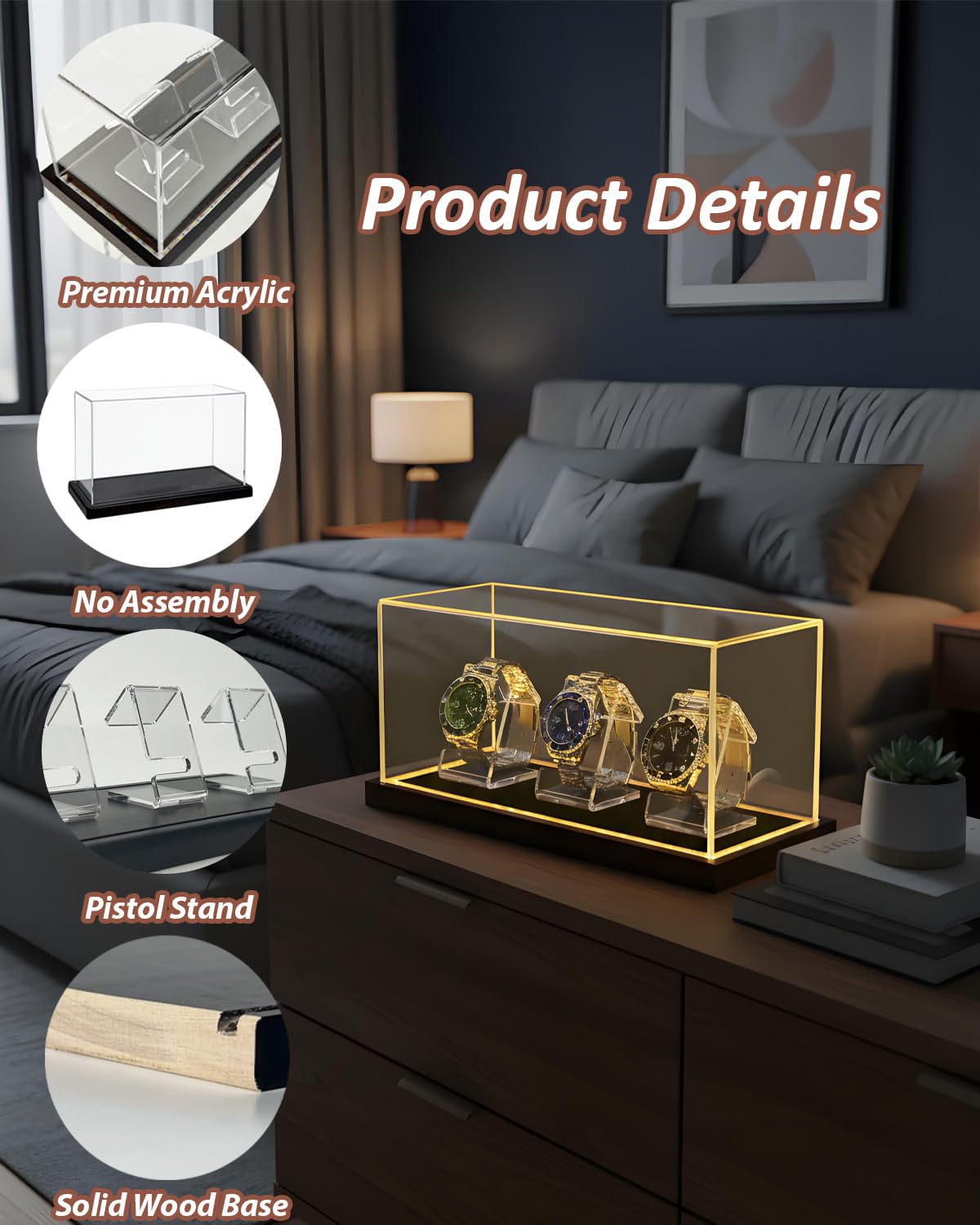 VINJKZQ Acrylic Watch Display Case for 3 Watches, Premium 3mm Thick Dustproof Collector's Box with Solid Wood LED Light Base, USB Powered Watch Holder Organizer Stand