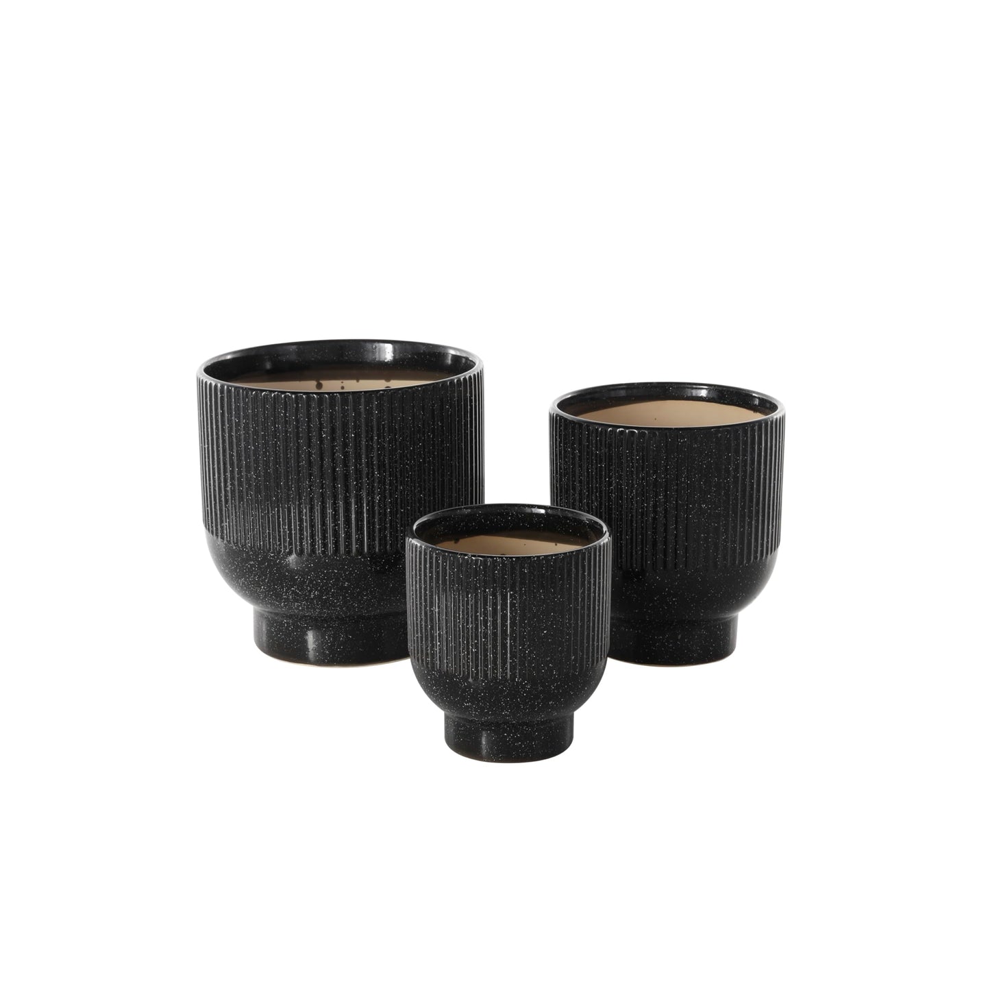 Deco 79 Ceramic Indoor Outdoor Planter Speckled Small Planter Pot with Linear Grooves and Tapered Bases, Set of 3 Planters 9", 8", 6"H, Black