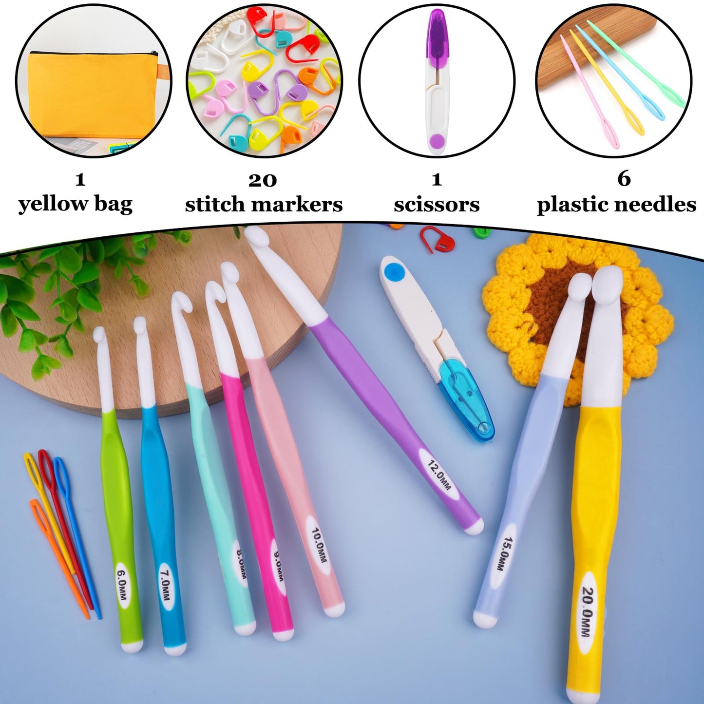 Hobekoee 36Pcs Crochet Hooks Set with Case,8 Sizes Ergonomic Crochet Hooks for Arthritic Hands,Long Crochet Needles 6mm-20mm Crochet for Weaving Blankets,Coaster,Bag
