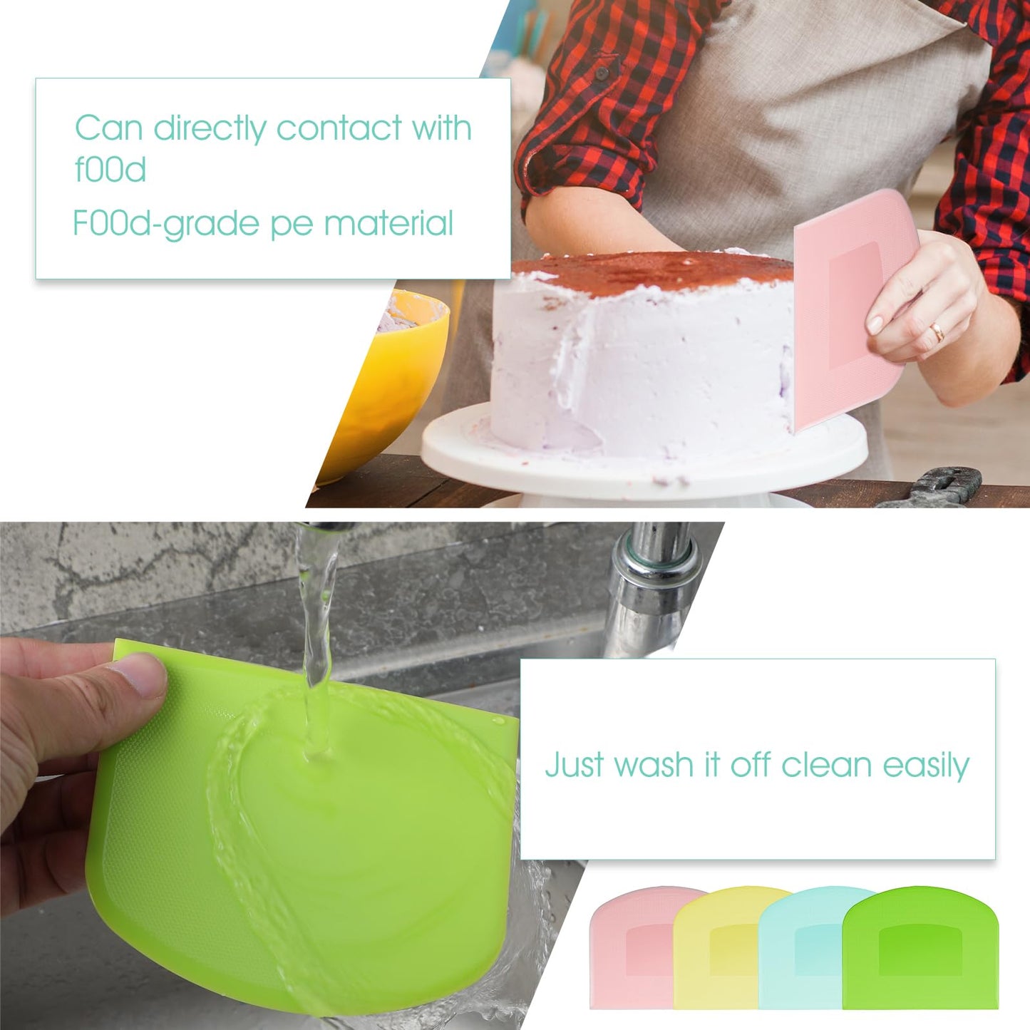24 Pcs Bench Scraper Dough Scraper for Baking, BPA Free PE Flexible Bowl Scrapers, Food-Safe Plastic Dough Cutter Tool for Bread Cake Fondant Icing (Light Blue, Green, Yellow, Pink)